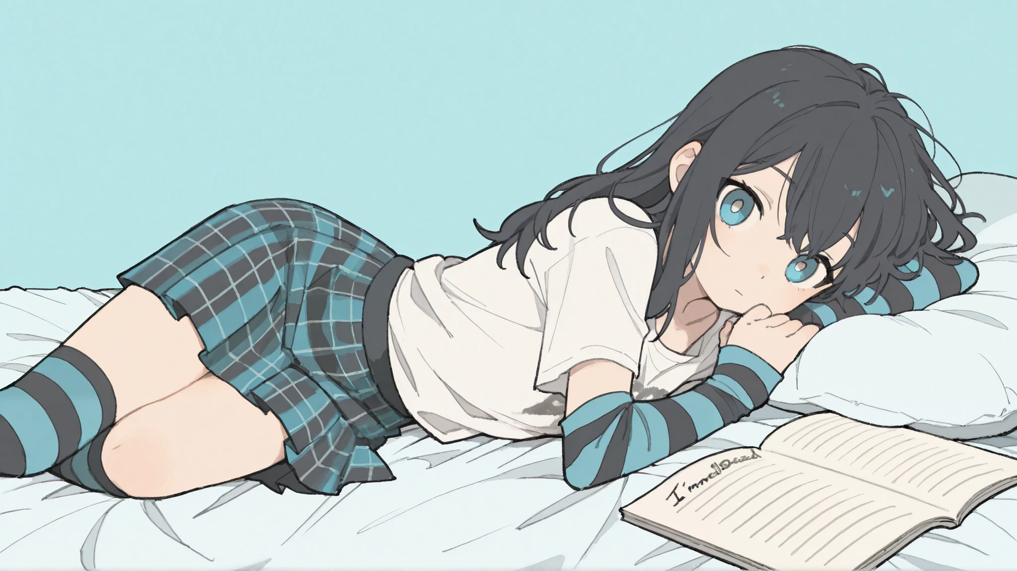 1 girl who died、 black hair、ボサボサのロングヘア、white t-shirt、black and turquoise striped arm covers、turquoise blue and black plaid skirt、Turquoise Blue and Black Striped Knee-High Socks、 zitoida、 turquoise eyes 、expressionless、I'm lying on my bed and writing a notebook、turquoise blue based room