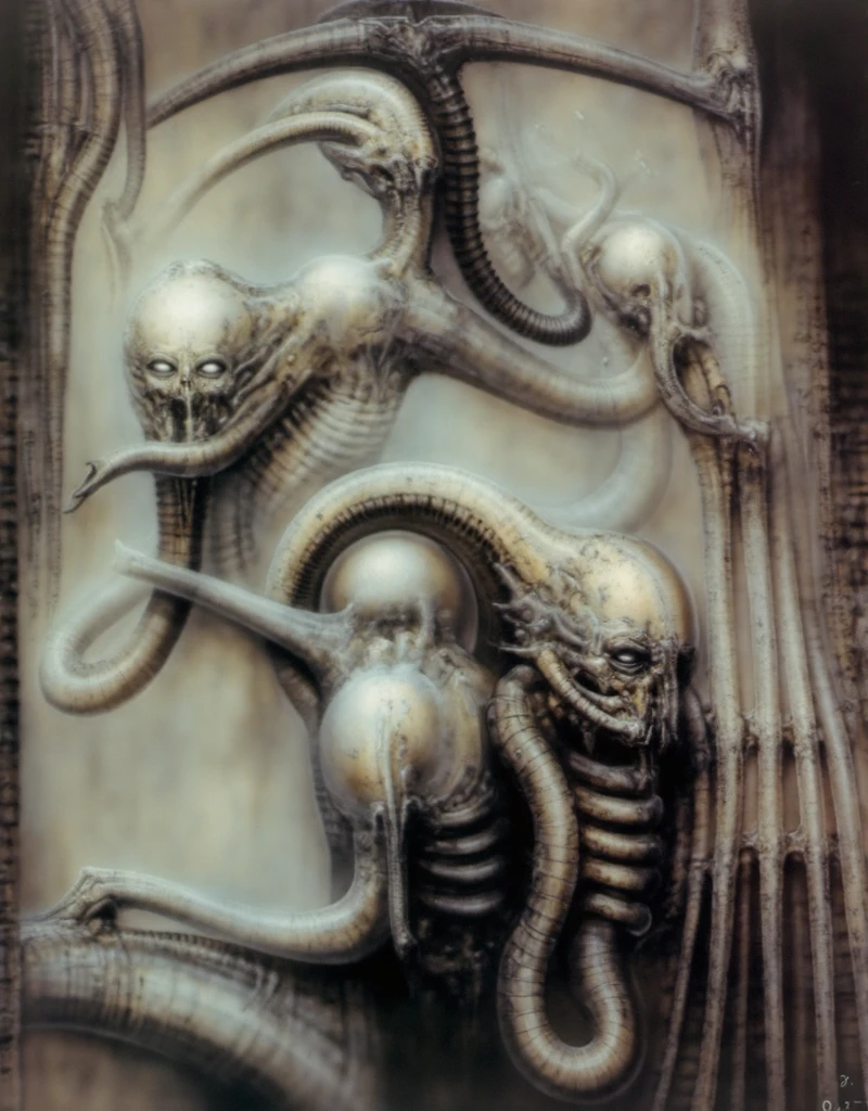 ((best quality)), ((masterpiece)), (detailed), a deformed, elongated humanoid creature, pale, translucent skin, no hair, round head, no face, no eyes, smooth face, bright gums like a shark's mouth, portrusions along a ridged back, breathing holes along the chest, long skinny legs, long skinny arms, H R Giger, sci fi horror