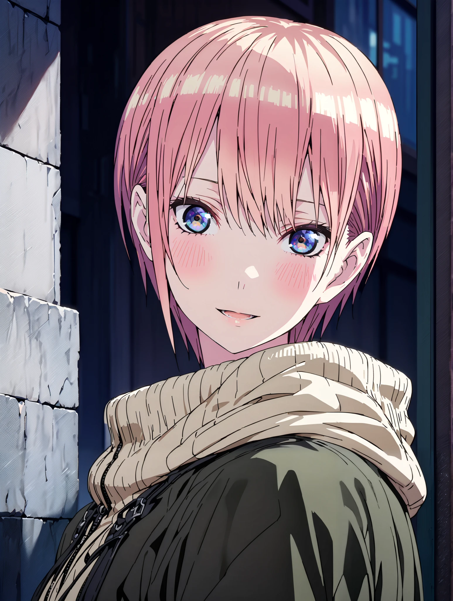 Nakano Ichika, short hair, bungs, blue eyes, Alone,Between the eyebrows, pink hair near MM, smile,blush,open your mouth,duffle coat,The front is empty,oversized turtleneck sweater,denim micro shorts,Black Pantyhose,Short Boots,walking,cherry blossoms,School building,full bodyがillustration for both eyesに入るように,break outdoors, Around town,
break looking at viewer,full body,
break (masterpiece:1.2), top quality, High Resolution, Unity 8K Wallpaper , (illustration for both eyes:0.8), (beautiful detailed eyes every time I look to the side:1.6), Highly Detailed Faces, perfect lighting, extremely detailed CG, (PERFECT HAND, perfect anatomy),full body写真,