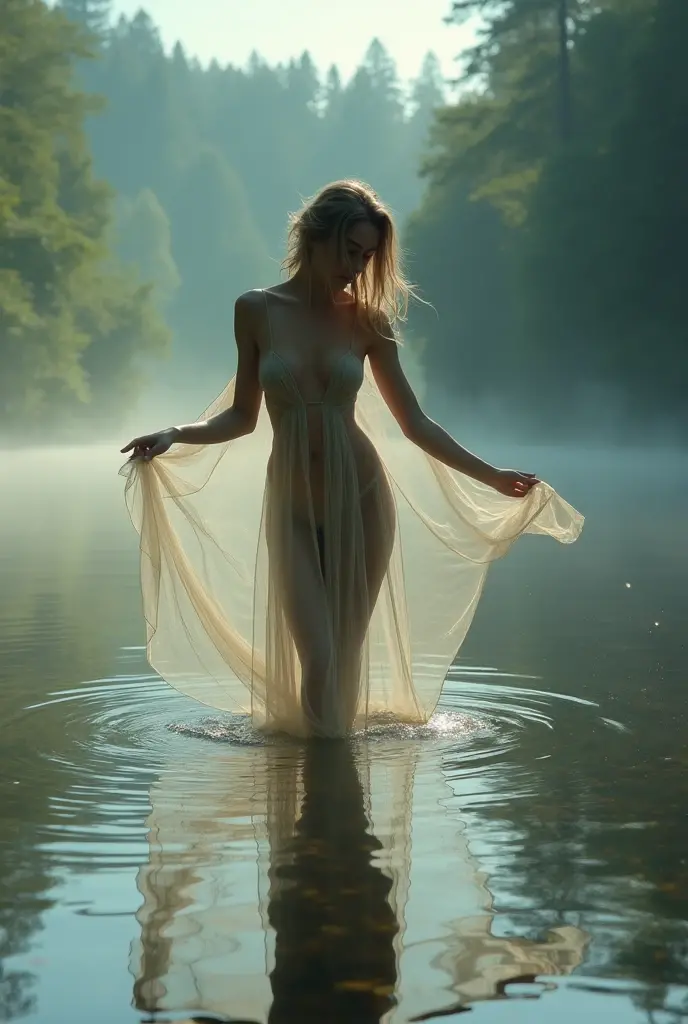 2 blonde woman, style nymphe, sexly, in an enchanted forest, passing light,