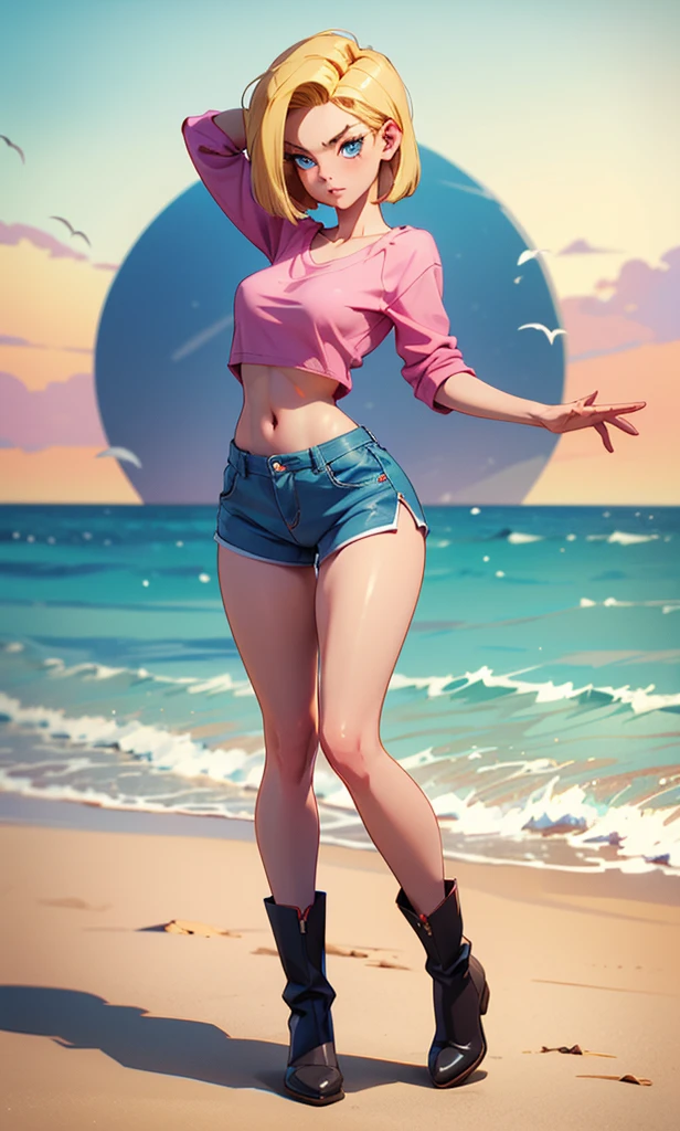 Masterpiece, high facial detail, a beautiful girl, Android 18, blonde, short hair, arched eyebrows, blue eyes, skinny, slim and tall, textured skin, breasts, abdomen, wide hips, nice legs, sexy pose, full body, pink top, blue shorts, black boots, in the beach, kame house, sexy front pose