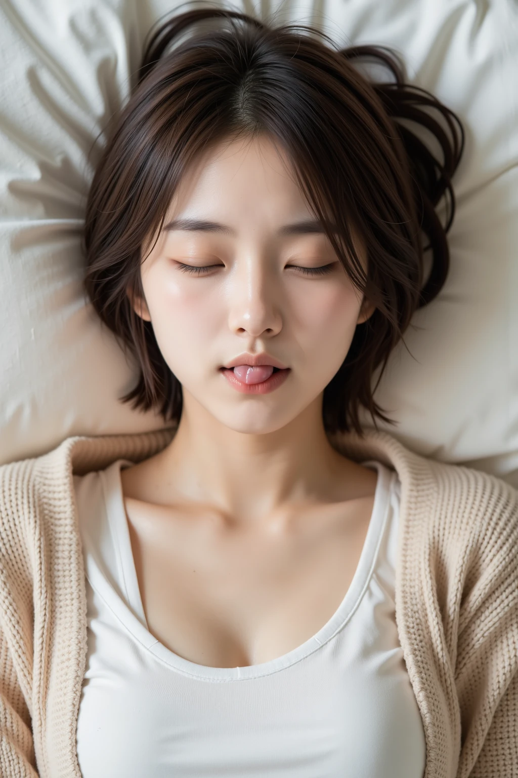 Beautiful girl sleeping peacefully, Baby Face, (Highest quality:1.4), (Very detailed), (Very detailed美しい顔), (Close ~ eyes:1.5), White T-shirt, Great face and eyes, iris, Medium Hair, The Beauty of Japan, (Skinny body type:1.3), (Flat Chest:1.3), (smile), Smooth, Very detailed CG synthesis 8k wallpaper, High-resolution RAW color photos, Professional photography, Light, BackLight, dream-like, impressive, Written boundary depth, Bedroom bed, (Face close-up:1.3), (Shot from above:1.5)