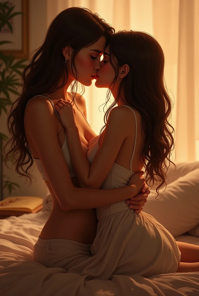 Two indian girls, sitting on a bed, both wearing kurti, transparent, black bra, kissing