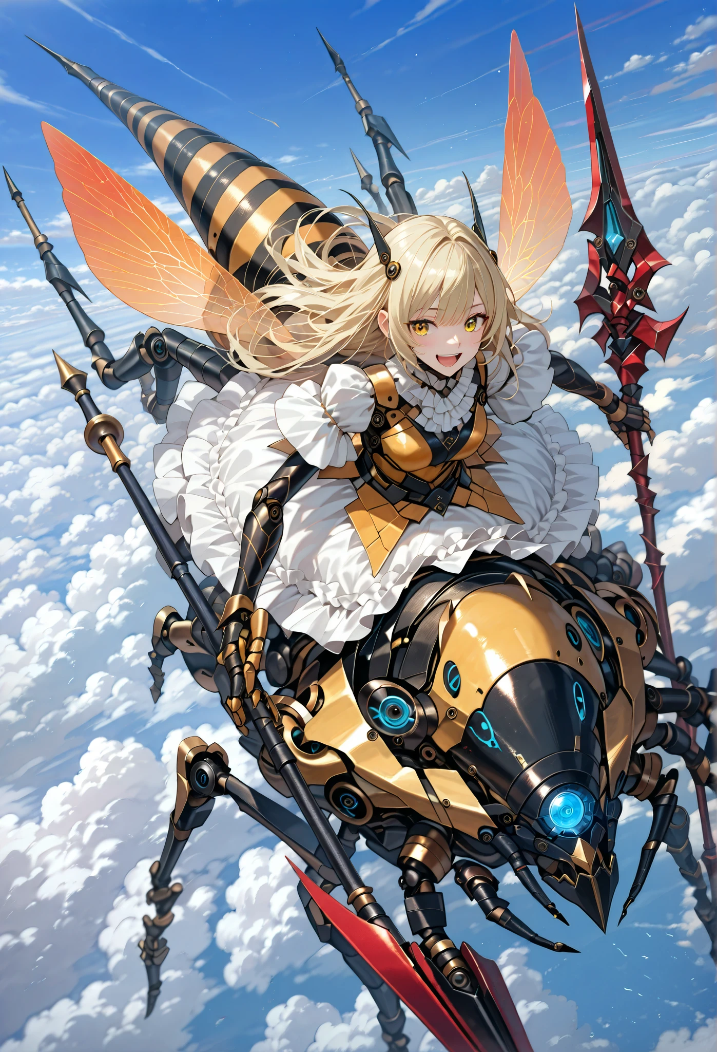 view from above,Beautiful girl cosplaying as a bee,(:0.3),blonde long hair,laughing,thin,holding a large, weaponized, honey-colored, spear or wing-like structure. The woman's attire consists of a form-fitting, bright yellow bodysuit with black accents, resembling a stylized insect-like costume. long socks. Exposed thighs,frilled body suit,military style,The background features a light-blue sky dotted with fluffy white clouds,looking at viewer,attack viewer with weapons.