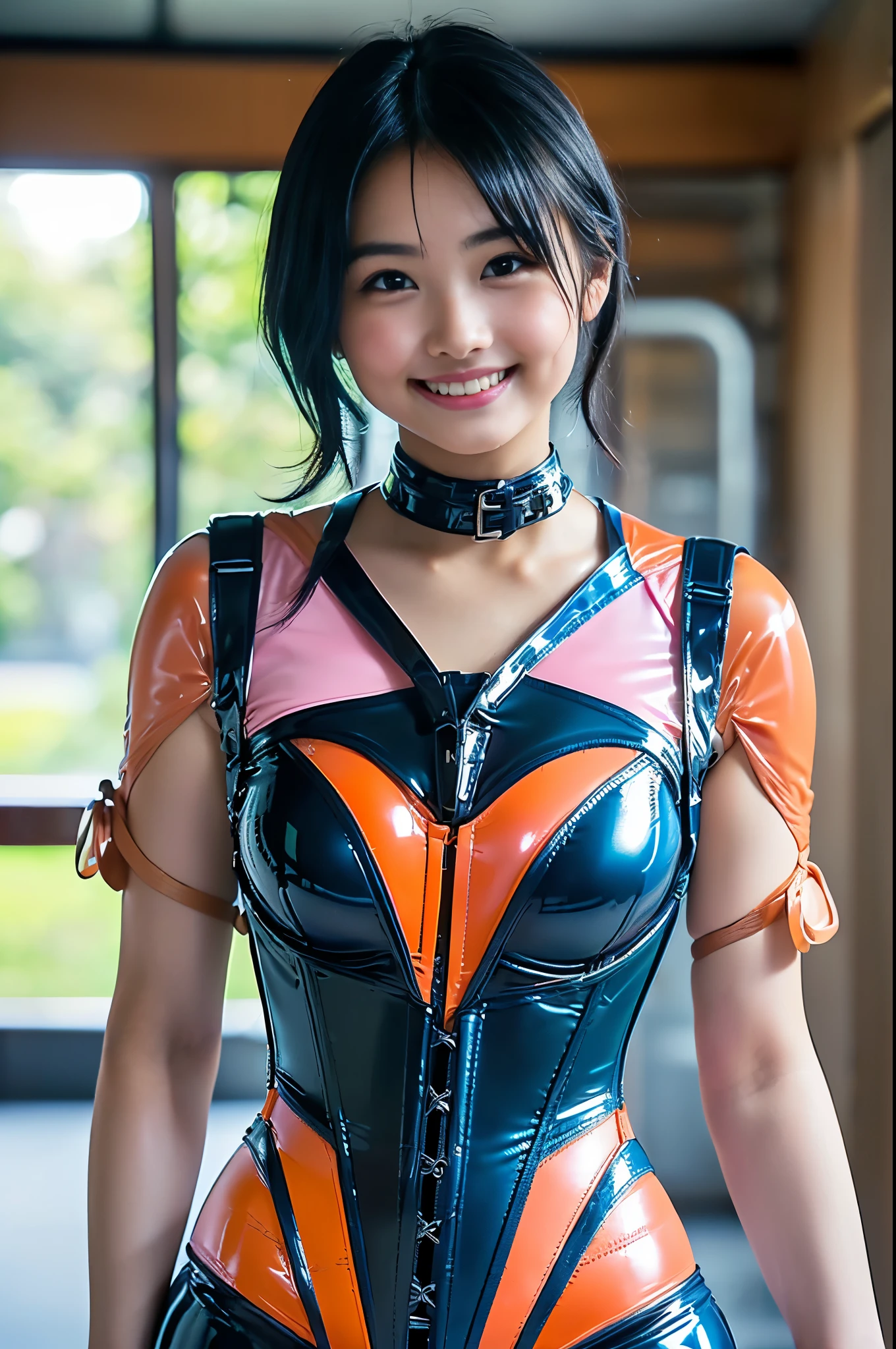 high-definition picture,((masutepiece, Best Quality)),Realistic,Ultra Detailed 8k,Beauty details,Photorealistic,(((Details of face,)))sexy style focus,Highly detailed,Professional Lighting,Iridescent Break Factory Extreme Long Shot,large mechanical robot construction,microchips,a computer,1a girl stands in front of the audience,Smiling and looking at the camera rhythmic gymnastics pink costume Sexy full body images,