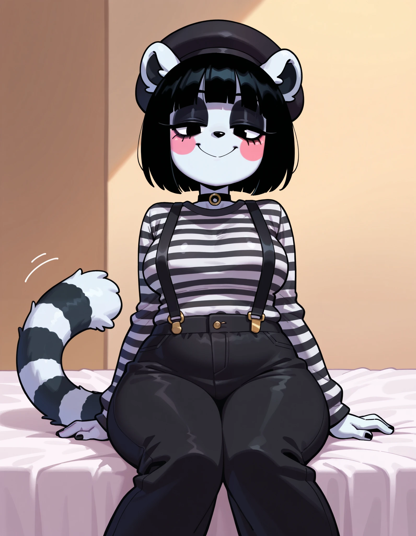 Furry wolf all black, black fur, pointy wolf ears, black ears, strawberry red eyes, god of eyes, detailed artwork, black fur, skin detailed, cute fur, black short hair, black belly, Black hair on thighs and belly, shiny hair, Round glasses without lenses, Black glasses, Black sweater with white stripes, white silk socks Gray stripes, cute thighs, detailed thighs, black thighighs, cute paws, black collar with white bell, cute wolf, hair on thighs, sitting on legs, kemono furry