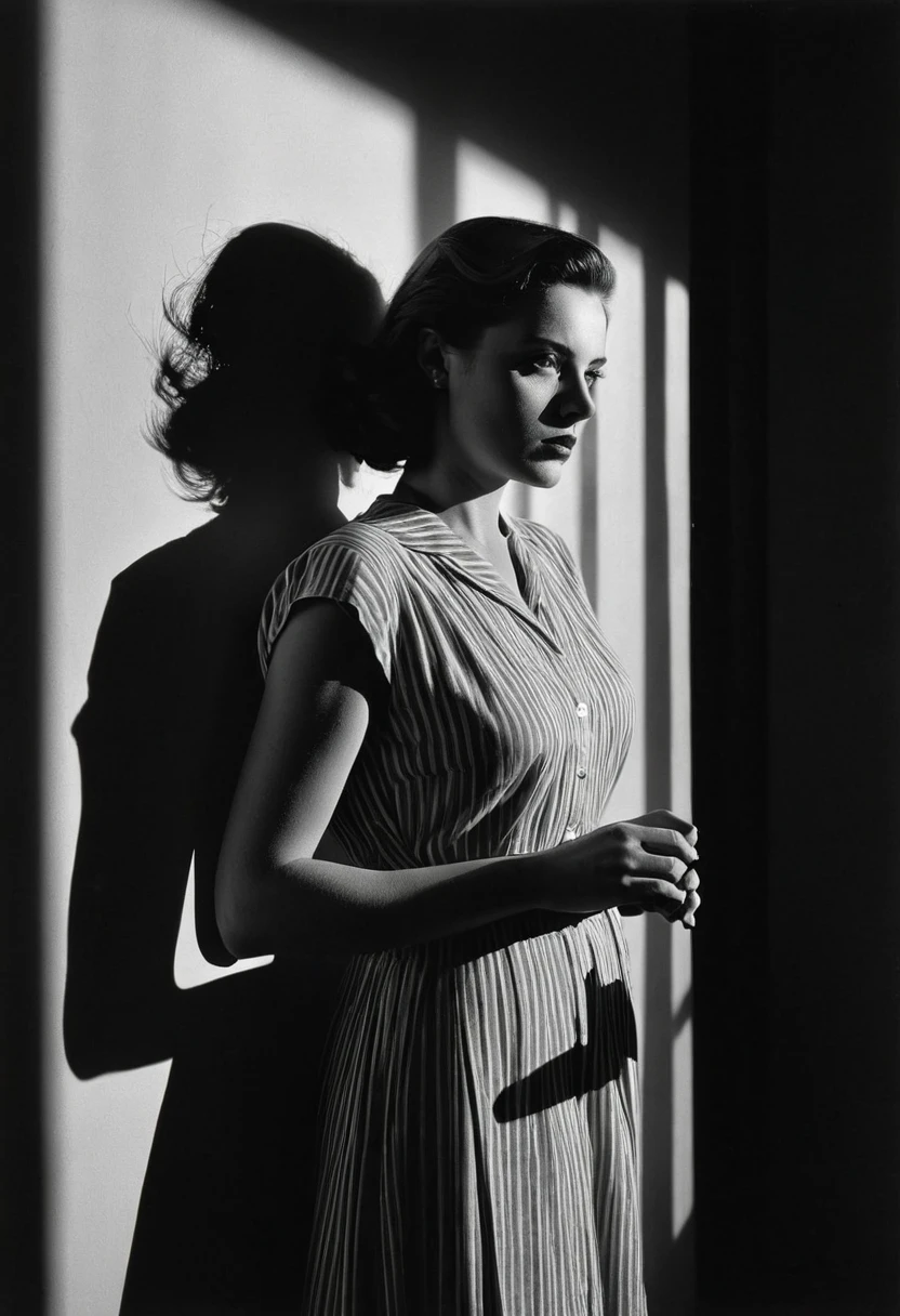 a vintage monochrome rear angle photo of  a (1940s American woman posing seductively with her back turned towards the viewer outside on side walk of city street during the mid 1940s), looking back at viewer, flirty expression, prefect face, detailed facial features, (wearing skintight see-through flapper dress), fit body, big ass, partially exposed ass, (highly detailed skin), natural lighting, sunlight, film grain, photographed on a Canon AE-1, 50mm F1.8 lens, with Ilford Delta 3200 35mm black and white film, outdoors, in 1940s NYC, New York, erotic, from behind,  in lomostyle