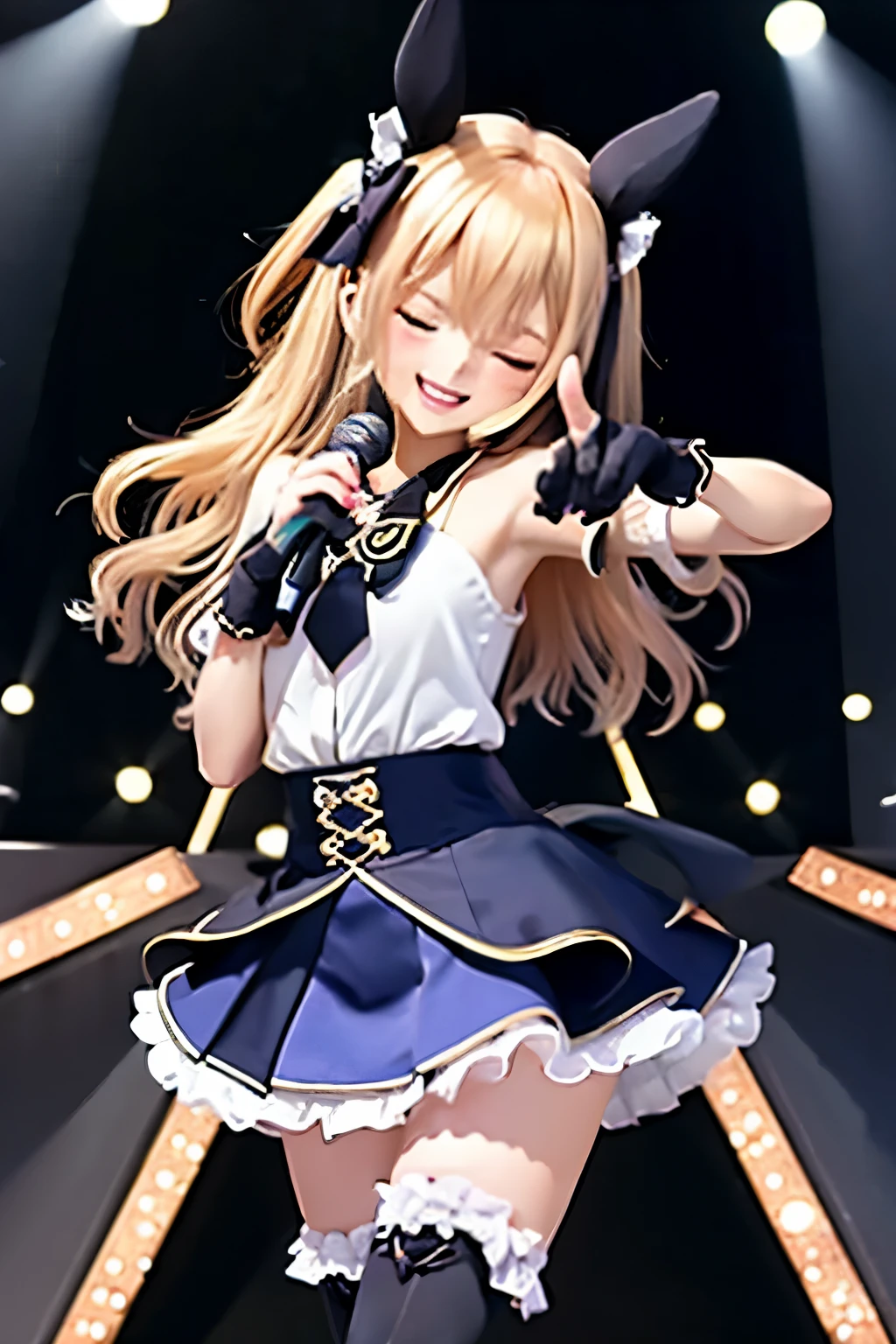 {{{masterpiece}}}, {{{best quality}}}, {{super detailed}}, { illustration of a woman with a penis }, {{Extremely Delicate and Beautiful}}, 8k,, 1 girl who died, hair bow, Off Shoulder Shirt, elbow gloves , blue skirt, thigh high socks, absolute region with to, smile, fingerless gloves ,Double Piece Poses, smile, open your mouth, one eye closed, (Pointing,Anatomically Accurate Hands) holding a microphone, indoors,Glamorous Stage