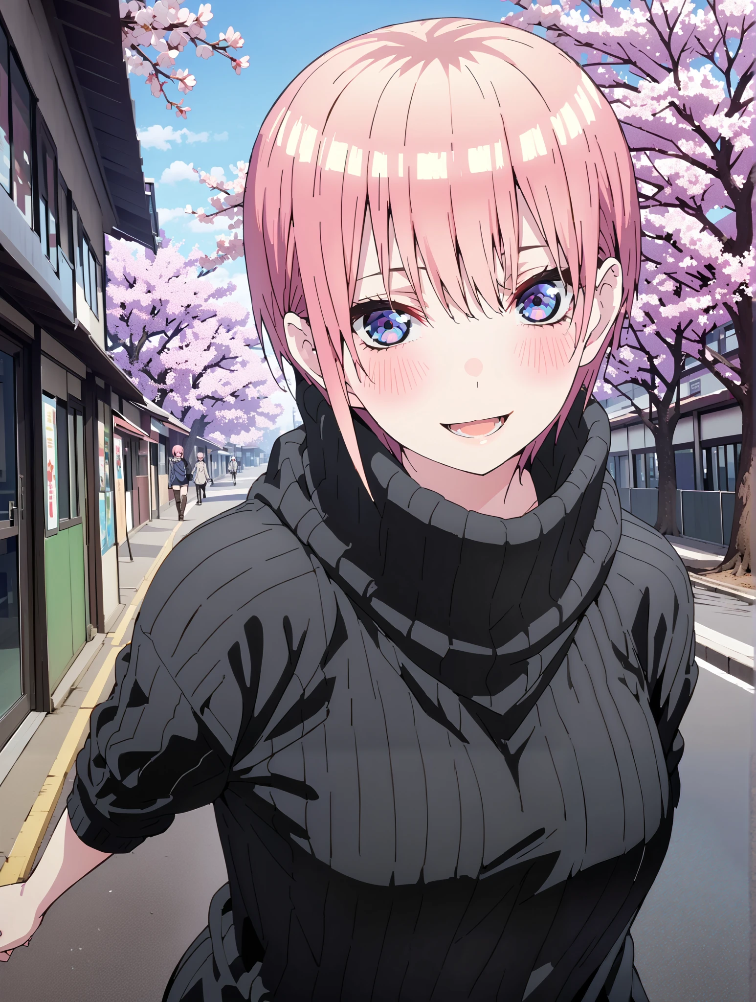 Nakano Ichika, short hair, bungs, blue eyes, Alone,Between the eyebrows, pink hair near MM, smile,blush,open your mouth, comments,The front is empty,oversized turtleneck sweater,denim micro shorts,Black Pantyhose,Short Boots,walking,cherry blossoms,School building,full bodyがイラストに入るように,break outdoors, Around town,
break looking at viewer,full body,
break (masterpiece:1.2),top quality , kampala, Unity 8K Wallpaper ,(shape:0.8),( fine, beautiful eyes :1.6),It's a person ,full body写真,CG Details , (perfect hands with full nudity,complete anatomy),
