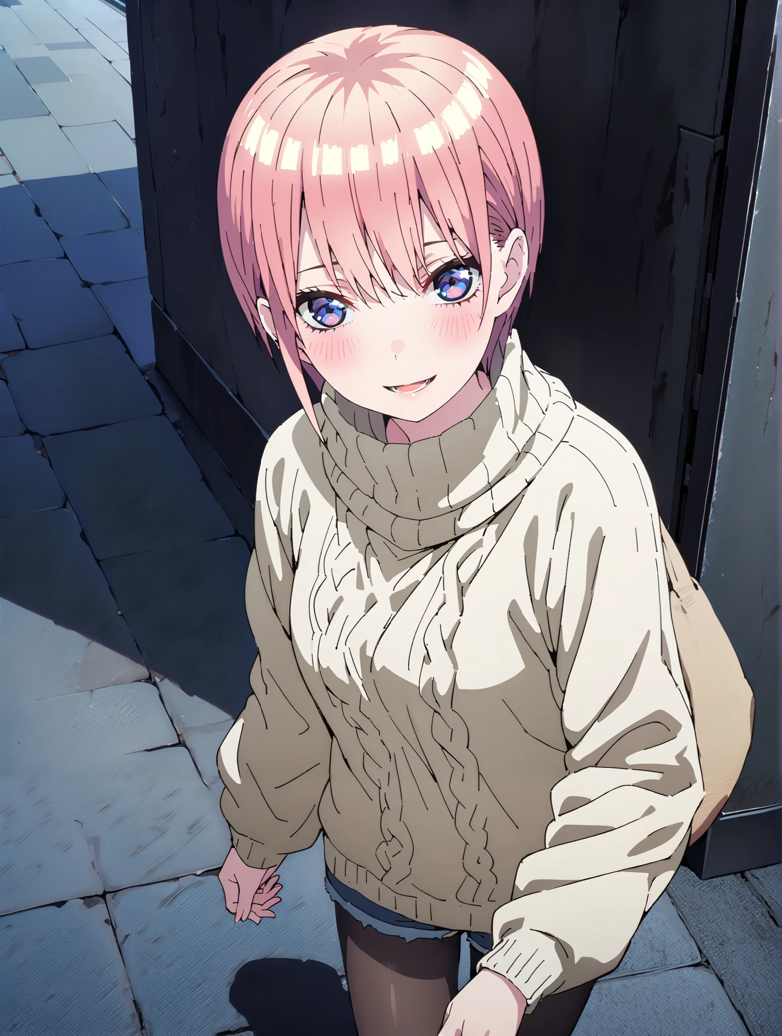 Nakano Ichika, short hair, bungs, blue eyes, Alone,Between the eyebrows, pink hair near MM, smile,blush,open your mouth, comments,The front is empty,oversized turtleneck sweater,denim micro shorts,Black Pantyhose,Short Boots,walking,cherry blossoms,School building,full bodyがイラストに入るように,break outdoors, Around town,
break looking at viewer,full body,
break (masterpiece:1.2),top quality , kampala, Unity 8K Wallpaper ,(shape:0.8),( fine, beautiful eyes :1.6),It's a person ,full body写真,CG Details , (perfect hands with full nudity,complete anatomy),