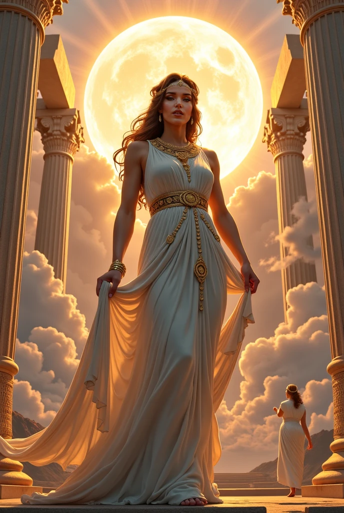 Create a giant woman, goddess, cleavage, thigh, elegant white golden gown, standing on greek city, people below looking up at her, divine powers, glowing eyes, night time, diving powers, magical powers, glowing eyes