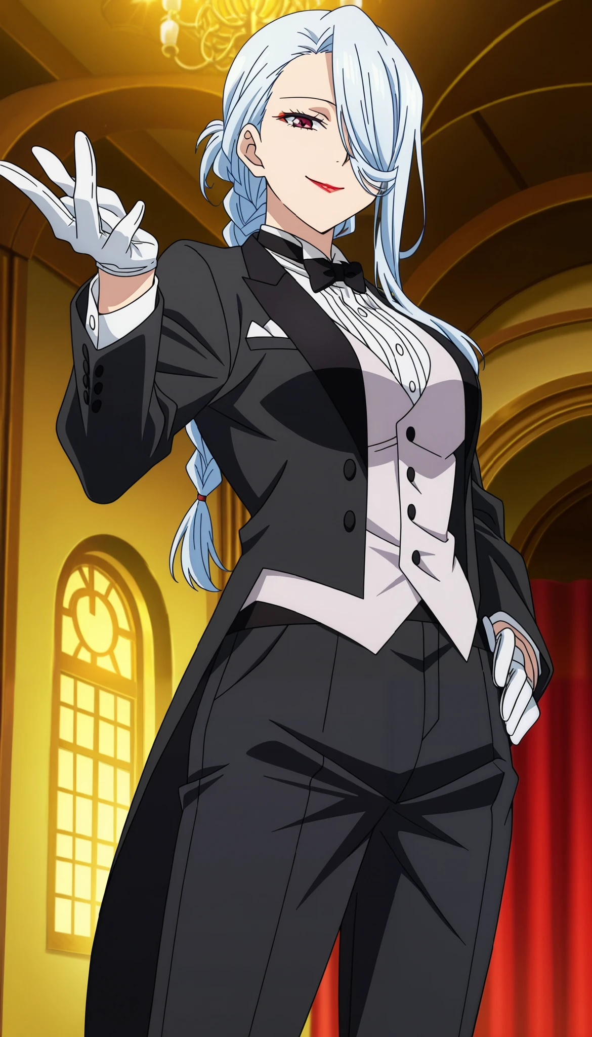 mei mei,anime screencap,1girl,solo,mature,long hair,braid,lipstick,,hair over one eye,anime coloring, tuxedo tailcoat, butler, pants ,hand on hip, woman in a formal suit,she's looking at the camera with a calm smile,,, indoors,smile,, gloves ,masterpiece,best quality,amazing quality, ,,reaching at viewer,,,,,smiling 