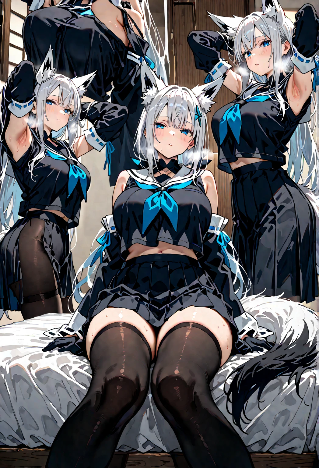 ((Highest quality)), ((masterpiece)), ((Very detailed)), (Very mature),A cute, gentle-looking female high school student with black hair and a height of about 165cm.，A female high school student with big breasts and a cute smile wearing a transparent blue waifus with a cute patterned hood and bare shoulders, A gentle woman with a slightly long vertical face，Small Faced Woman，alone, Cute attitude,(background(bright)，Long Hair - Straight，Knee-high socks、A transparent blue veil with a cute pattern and white hood with off-the-shoulder sleeves，White wall、Sitting、Facing the viewer、縁に模様がある壁が1面のbackground
