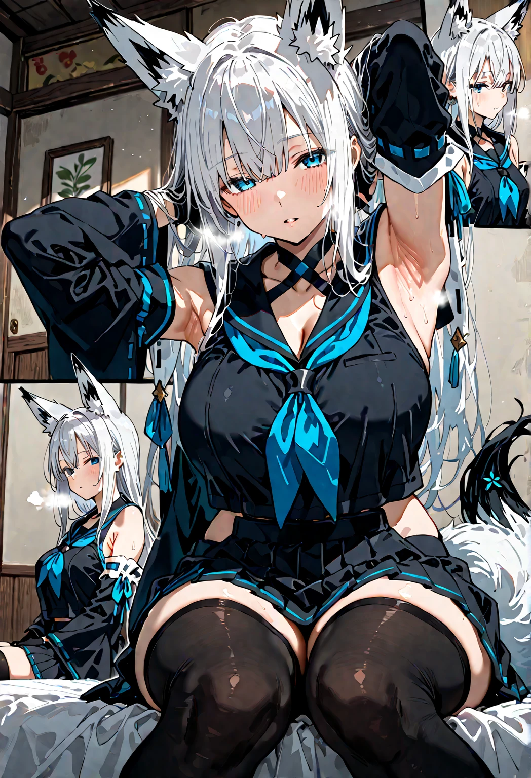 Young girl, long white hair, cat ears, cat tail, multi-colored eyes, heterohromia, left eye purple, right eye turquoise, white top, shorts, lot of tattoo, scars, open belly, wide neckline, boob window, smirk, claws, sexy pose, Masterpiece, best quality, Full HD, 4k, ultra details