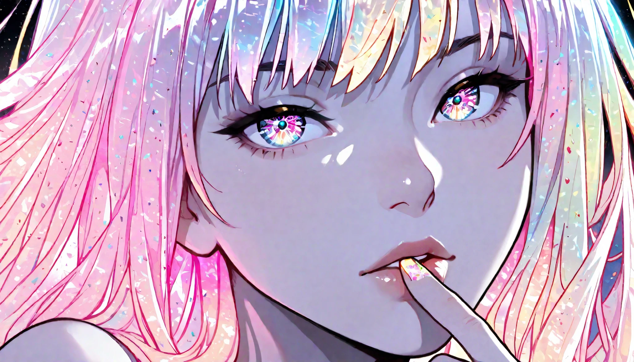 score_9, score_8_up, score_7_up, source_anime, 1girl, solo, face focus, detailed eyes, long hair, vibrant colors, finger on lip, detailed background, multicolored hair, holographic, holofoil glitter, faint, glowing, ethereal, neon hair, glowing hair, long hair, yellow circle in the iris, very aesthetic, detailed, high quality, beautiful, masterpiece, looking at viewer, from side