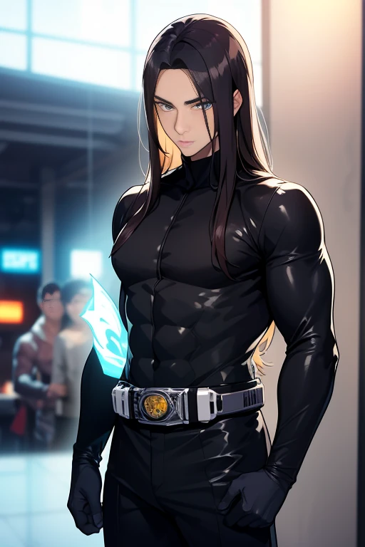 Handsome male, black hair, long hair, emerald eyes, detailed body, detailed hands, black shirt, black pants, standing in the door, nightfall, huge bulge in pants, horns, piercings, long sleeve shirt, manly, arrogant expression, buff man, handsome, roman nose