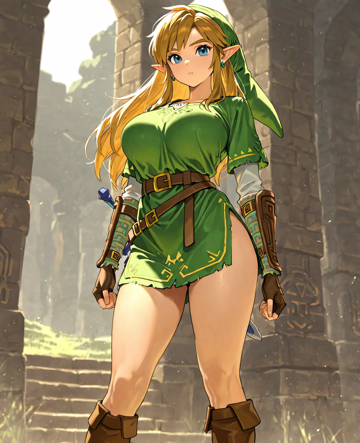 (Female ranger), beatiful girl, thin girl, thin waist, small breast, slender legs, gap between thighs, leather armor, leather gloves, green hood, short dress, (green dress), from below, (showing her Panties), white panties, (cameltoe), cowboy shot ,medieval fantasy, D&D, RPG, best quality, masterpiece, ultra-realistic, 8k