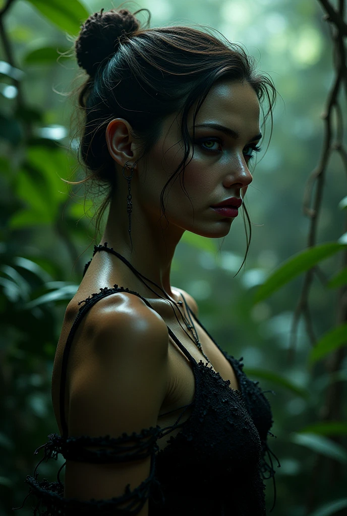 (woman skimpy) (close-up portrait) eyes,rich green vegetation,soft glow lighting,ethereal atmosphere,misty,foggy,ominous mood,horror fantasy theme,dark fantasy,dangerous,twisted trees,snake wrapped around her body,spooky,vivid colors,spider webs,haunting,moonlight,reflection in water,witchcraft,nature's beauty,erotic,dreamlike,alluring,tempting,forbidden,nightmare,dark secrets,lush surroundings,drowning in desire,feminine, mysterious, enchanting,captivating.
