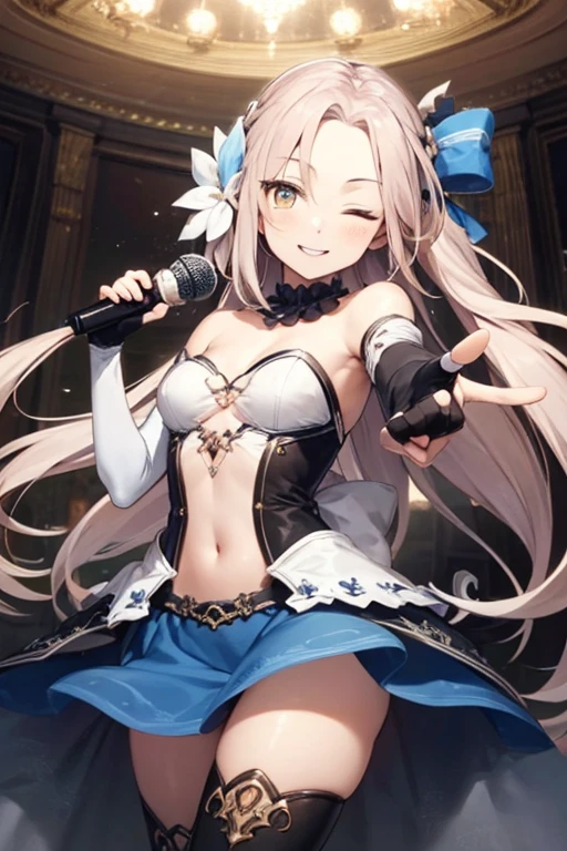 sexy dance show,sexy pose,tamamo cross \(umamusume\),good anatomy, masterpiece, best quality,realistic, hyperrealistic, 16k hdr,Smile,(Live Stage),(see through costume:1.2),Stage costumes,Horse tail,sing a song,ultra miniskirt,navel,micro panties,clearvage,erected nipples,sweat,from below,large breasts,spread legs,