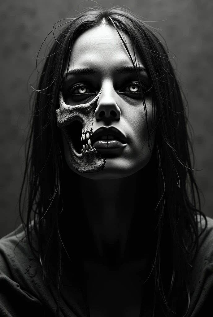 a woman with a horrifying face, extremely ugly and distorted features, sunken eyes, gaping mouth, rotting skin, a skeletal body, unhealthy and uncomfortable appearance, in a dark, unsettling horror atmosphere, highly detailed, photorealistic, 8k, best quality