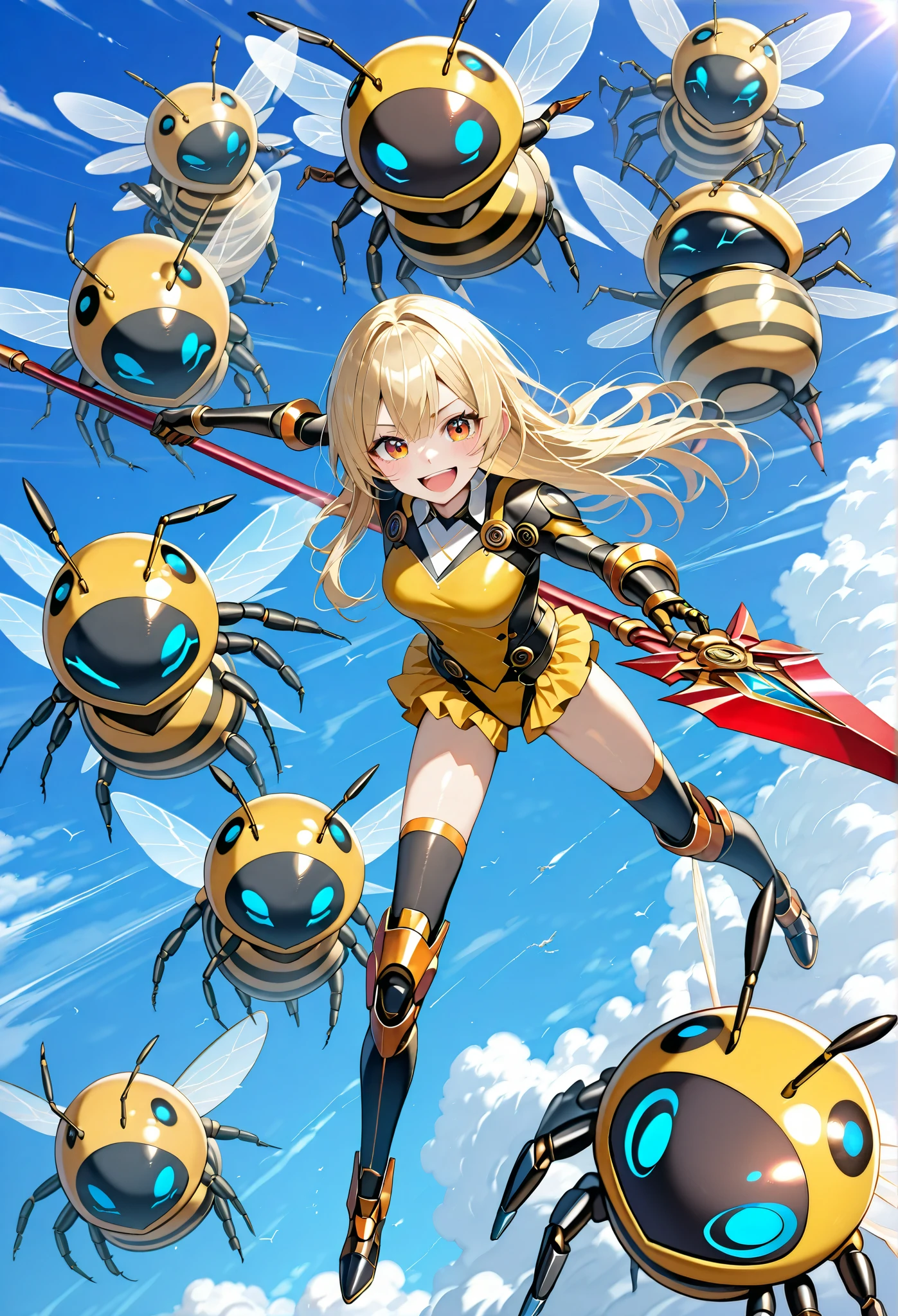 view from above,Beautiful girl cosplaying as a bee,(li:0.3),blonde long hair,laughing,thin,holding a large, weaponized, honey-colored, spear or wing-like structure. The woman's attire consists of a form-fitting, bright yellow bodysuit with black accents, resembling a stylized insect-like costume. long socks. Exposed thighs,frilled body suit,military style,The background features a light-blue sky dotted with fluffy white clouds,looking at viewer,(attack viewer:1.3) with weapons.