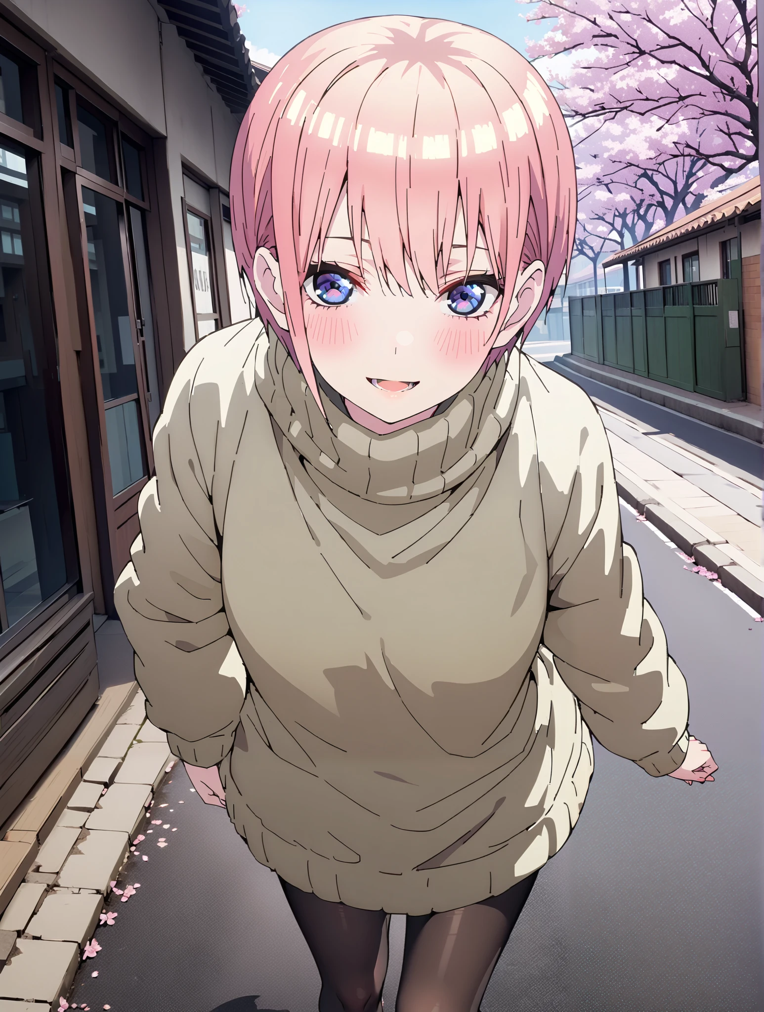 Nakano Ichika, short hair, bungs, blue eyes, Alone,Between the eyebrows, pink hair near MM, smile,blush,open your mouth, down coat,The front is empty,oversized turtleneck sweater,denim micro shorts,Black Pantyhose,Short Boots,walking,cherry blossoms,School building,full bodyがイラストに入るように,break outdoors, Around town,
break looking at viewer,full body,
break (masterpiece:1.2),top quality , kampala, Unity 8K Wallpaper ,(shape:0.8),( fine, beautiful eyes :1.6),It's a person ,full body写真,CG Details , (perfect hands with full nudity,complete anatomy),