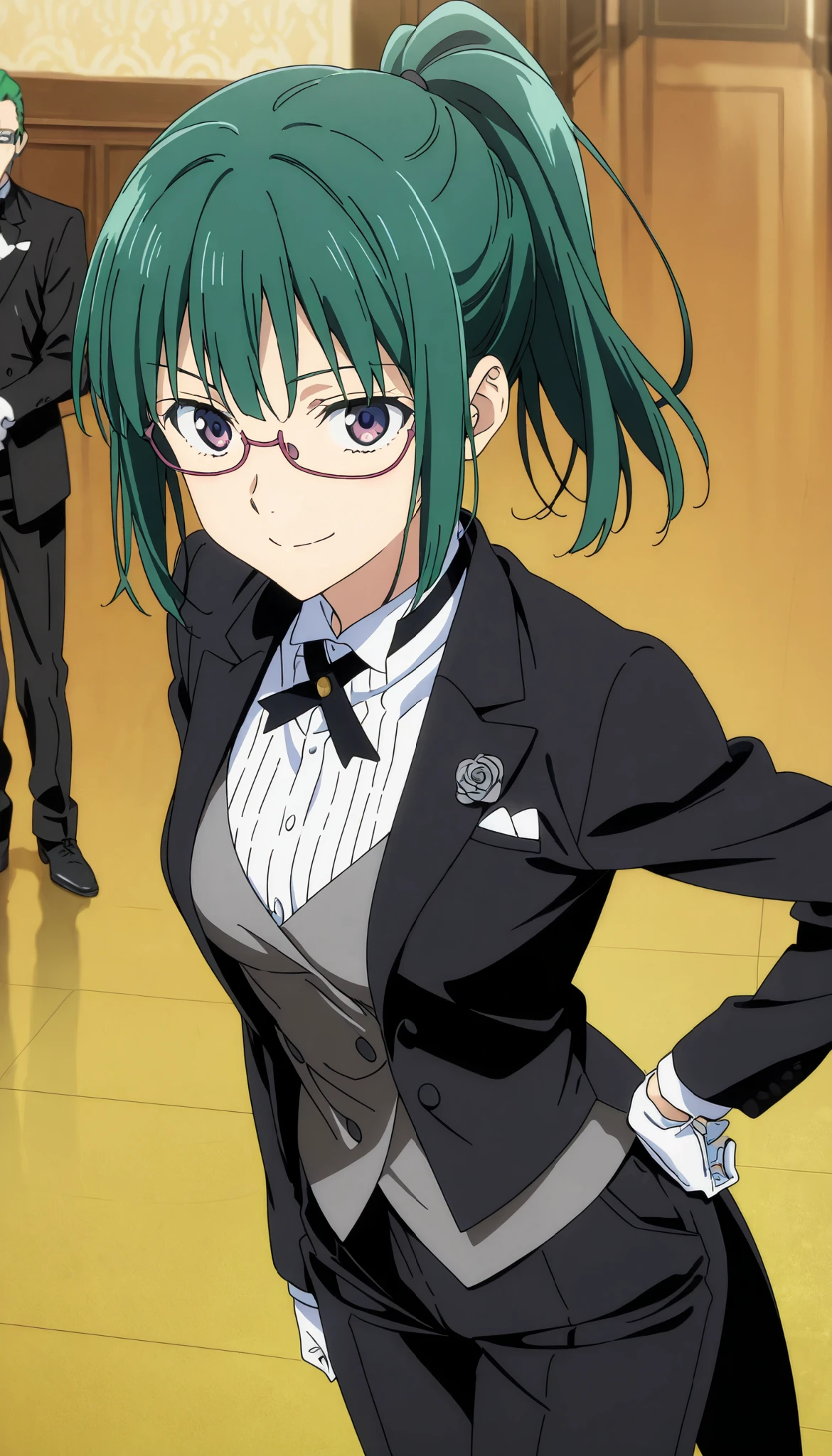 1girl,green_hair,glasses,ponytail,anime coloring, tuxedo tailcoat, butler, pants ,hand on hip, woman in a formal suit,she's looking at the camera with a calm smile,,, indoors,smile,, gloves ,masterpiece,best quality,amazing quality, ,,reaching at viewer,,,,