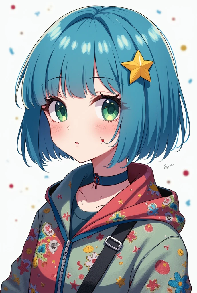 Generate an image of a  with blue hair in a bob style haircut with a star-shaped clip in her hair. With colorful chaotic clothing. and green eyes. And pale skin. with scratches and Band-Aids. In a anime style. full body.