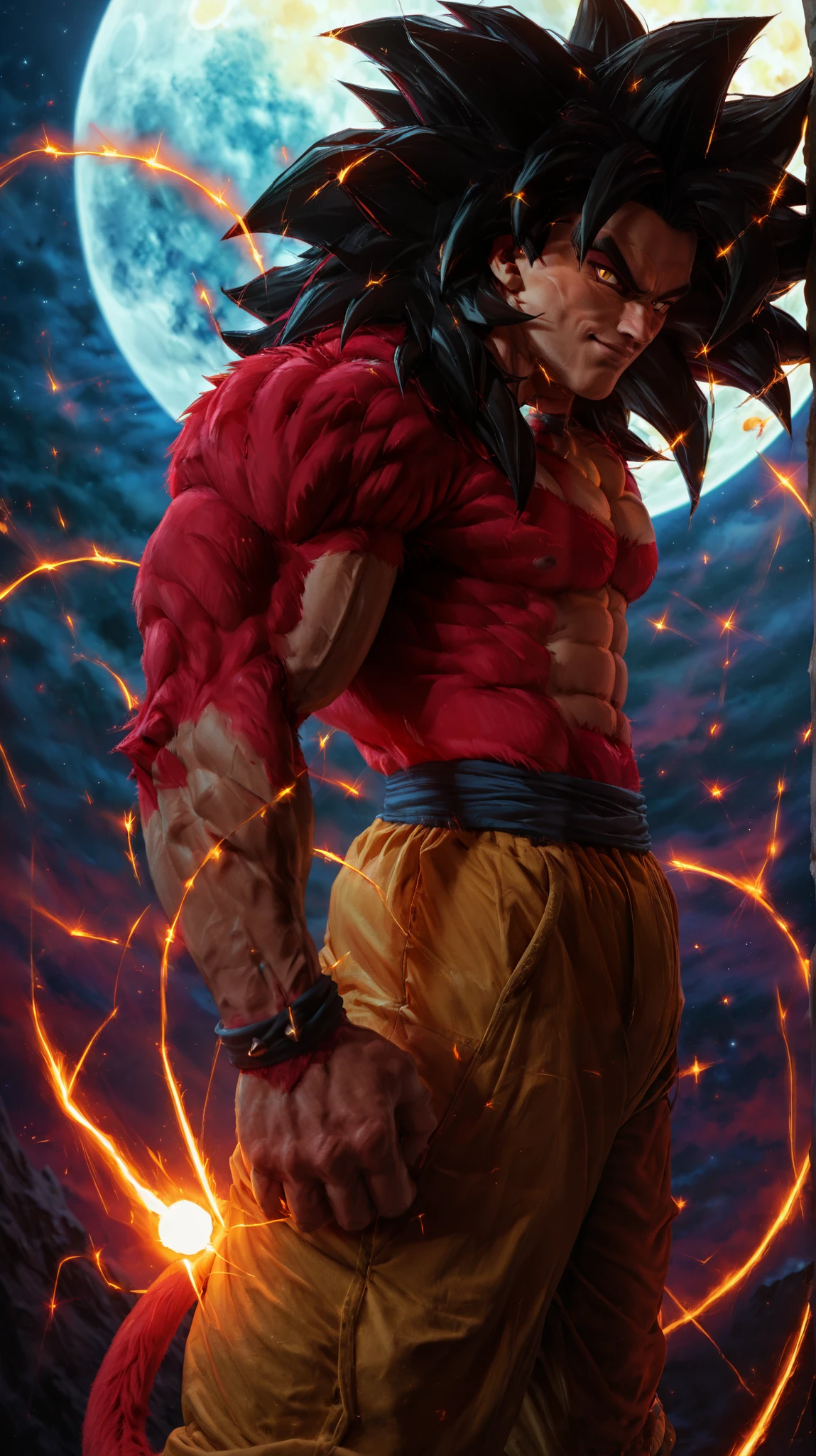 zzGokuSSJ4, yellow eyes, black hair, spiked hair, super saiyan, body fur, red fur, tail, wristband, pants, looking at viewer, cowboy shot, scifi background, giant moon, starry sky, ,