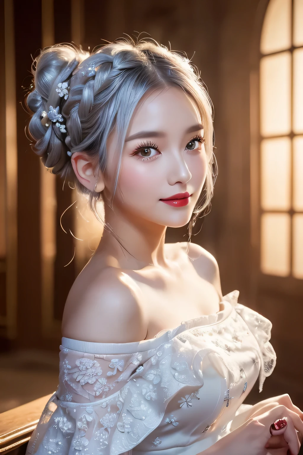 (ukiyoe painting:1.3),(3D Animation:1.3),(Grimm fairy tale world),(Aschenputtel,Cinderella,princess covered in ash:1.3),(Cinderella's Castle in the background:1.3),(((lace off shoulder white dress))),.(Make the subject look three-dimensional with the contrast of light and shadow),Cute and beautiful girl,Cute round face,Cute smile,with blush cheeks,Red Lip,(silver white hair,Floral braided headband,half up、Floral Braided Space Van,Voluminous Fishtail Braids,Twisted chignon,),(Bangs are see-through bangs),hair pin,hair adornments,detailed clothes features,Detailed hair features,detailed facial features,(Dynamic angles),(Dynamic and sexy poses),profetional lighting,Cinematic Light,(masutepiece,top-quality,Ultra-high resolution output image, depth of fields,) ,(The 8k quality,depth of fields,Anatomically accurate facial structure,),(Sea Art 2 Mode:1.3),(Image Mode Ultra HD,)