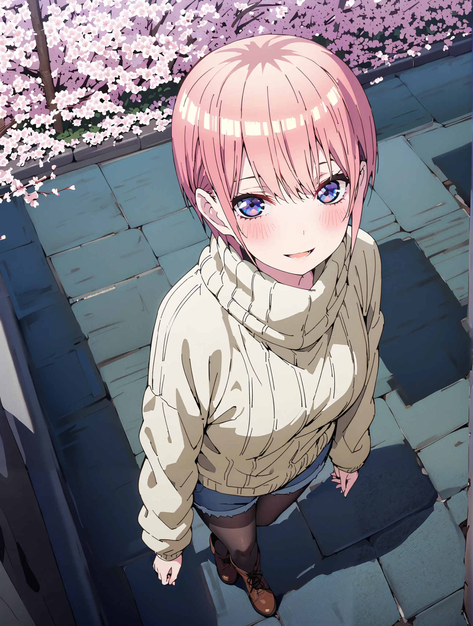 Nakano Ichika, short hair, bungs, blue eyes, Alone,Between the eyebrows, pink hair near MM, smile,blush,open your mouth, down coat,The front is empty,oversized turtleneck sweater,denim micro shorts,Black Pantyhose,Short Boots,walking,cherry blossoms,School building,full bodyがイラストに入るように,break outdoors, Around town,
break looking at viewer,full body,
break (masterpiece:1.2),top quality , kampala, Unity 8K Wallpaper ,(shape:0.8),( fine, beautiful eyes :1.6),It's a person ,full body写真,CG Details , (perfect hands with full nudity,complete anatomy),