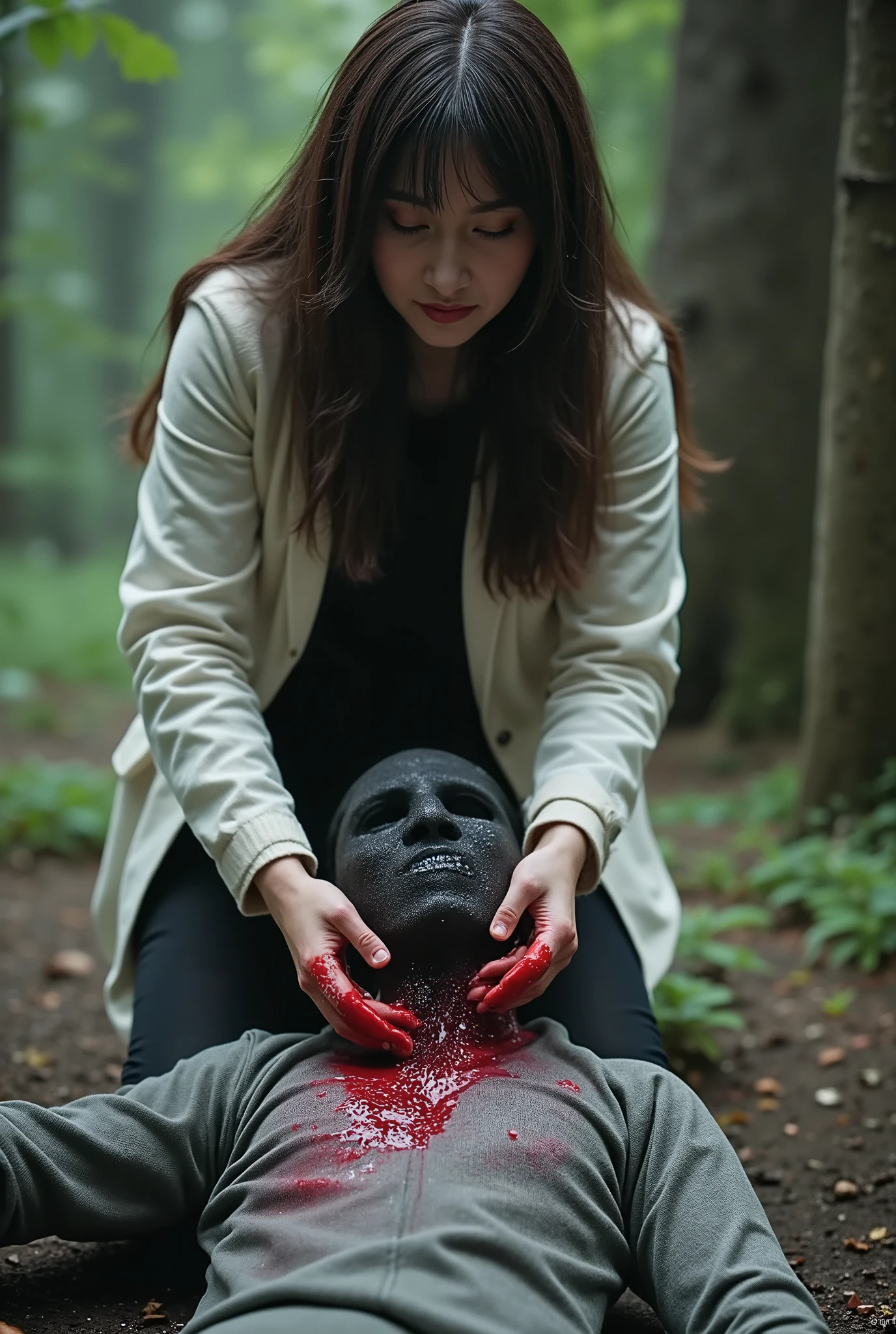 Realistic, A Very beautiful woman, cut throat a boy, boy full face mask close, neck bloody splash, neck slashed, throat contents, boy dead, woman knife, woman very thick hair, woman dress, woman rich beauty, boy hoodie, woman kill boy