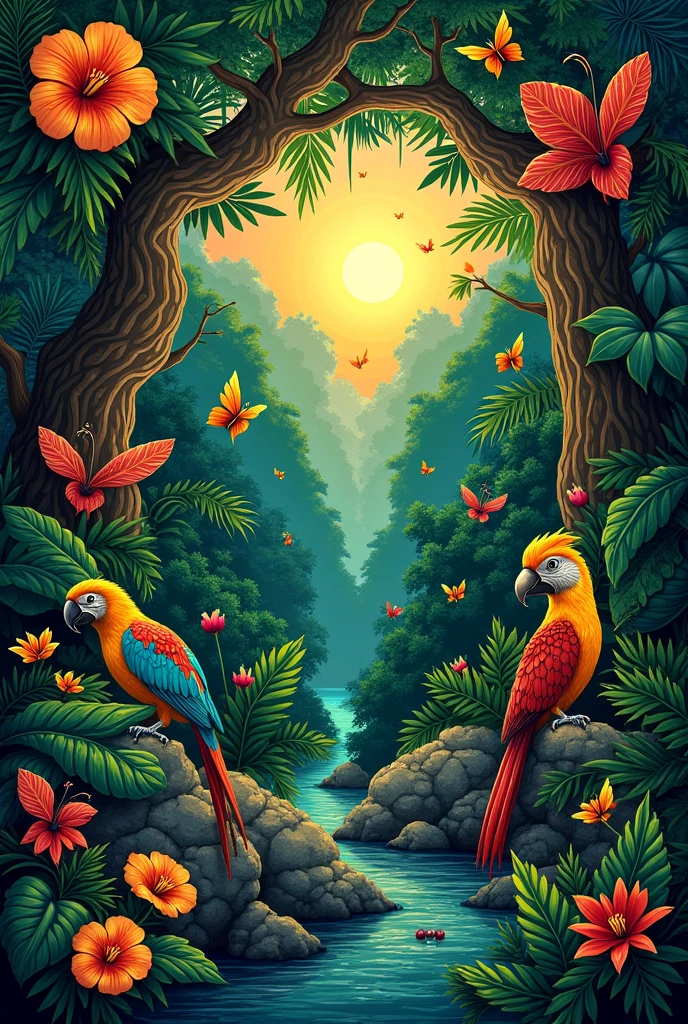 Create an image to use as a background for an electronic music LINE. It must have a magical forest theme., with macaws and at the same time a cyberpunk style. Leave the image with only one vanishing point . Macaws of many different colors. Psychedelic elements. Full moon at the center of the vanishing point. lsd