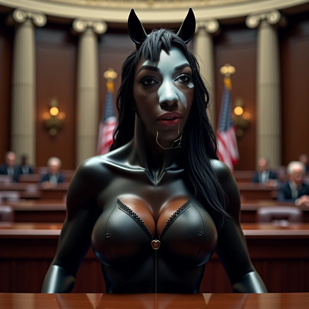 RAW photo, a sudanese woman with horns wearing a black suit in the office, 8k uhd, masterpiece, award winning, absurdres <lora:Demonic_Iconic:0.8>