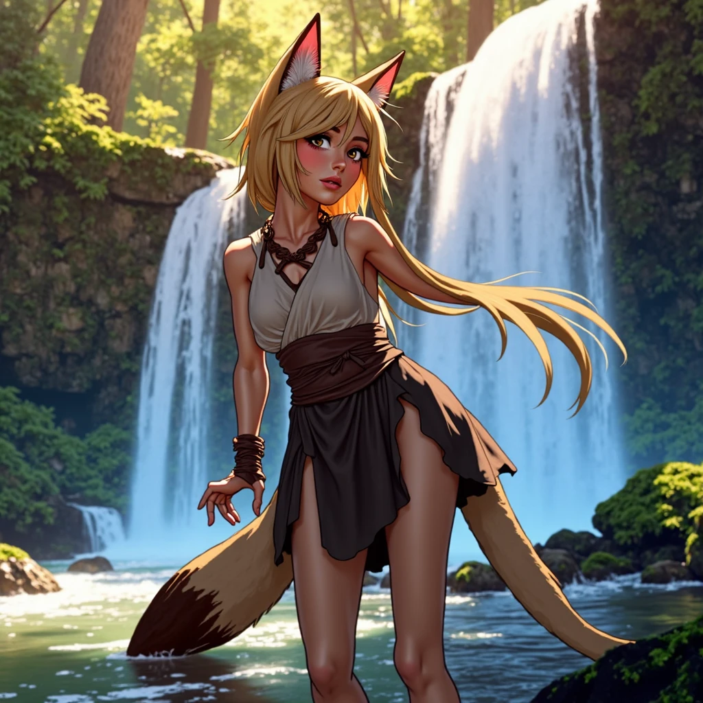 Top quality ultra-fine illustrations, bathing in water, beautiful refraction of water, white dress soaked in water, transparent clothing, Rich colors, Dreamy, mystical, Tarot Card, erotic(In the forest where the stream flows, Backlighting)(beautiful face and eyes with great detail)absurdres, perfect anatomy((Beastwoman))(Furry, angelic cute 1girl, Solo focus)(furry anthro:1.7)(((furry body, Facial features of animal, Features of the animal body)))(((muzzle of the animal, very detailed furry body of animal))))full body, Smile (portrait),