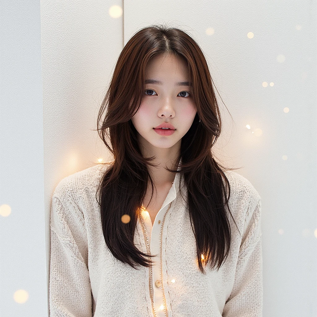 A young Korean woman in a white knitted sweater, sitting on a  bed, messy hair, face straight to viewer, sexy pose, shy expression, cute face, detailed face, detailed clothing, detailed background, natural lighting, warm colors, beautiful scenery, intricate details, highly detailed, photorealistic, 8k, ((masterpiece)), cinematic, portrait