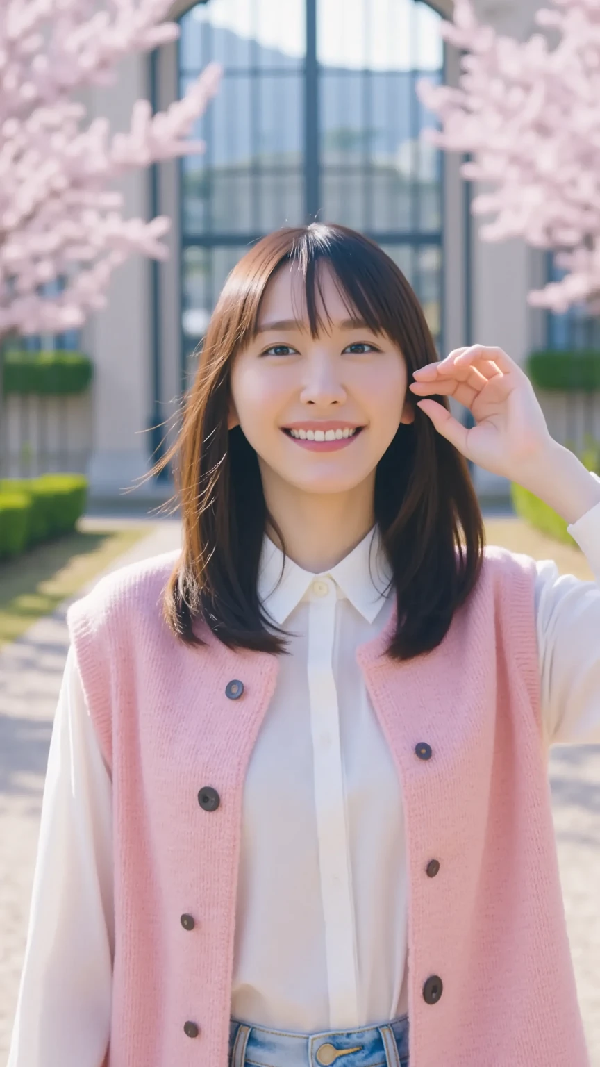 ((from below:1.5)), ((whole body:1.5)), (ultra detailed), (masterpiece), (best quality), Highest quality, Realistic, Surreal, Highest quality, Extremely detailed CG, Very delicate and beautiful, 8k wallpaper, High resolution, 1 Girl, 38歳の日本people女性, (small eyes:1.5), ((Two very small moles on my right cheek:1.5)), (Skin dents), Medium Chest, (bright), (Professional Lighting), (On University Campus), people々, Long Hair, (bangs:1.5), ((blouse:1.5)), (I wore it:0.8), Nice, bloom, Floating Hair, (Dynamic pose:0.6), sunset, bench, Sitting, Spread your legs, (Shy Smile:1.2), Thin lips, slim, (Highly detailed face), (Highly detailed facial expressions), (Face the front completely:1.5), ((Looking into the camera:1.5)), Slender body, Large file size,