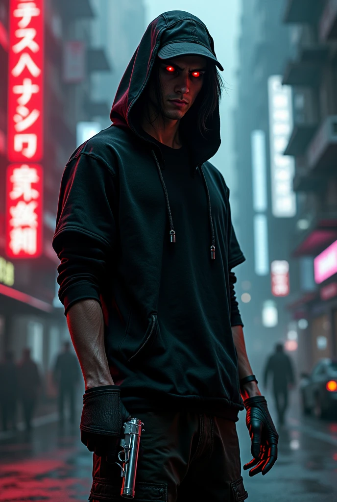 Neon noir, photograph, Disgusting, Profound Bright short Yuan Dynasty Male Rogue, Moonlight, Canon R5, Cyberpunk, dark, rainy streets, neon signs, high contrast, low light, vibrant, highly detailed
