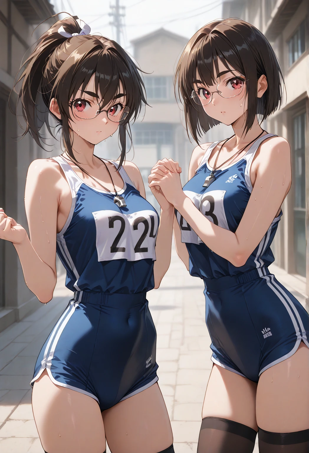 ((masterpiece)), (1 girl:2.0), (face extremely detailed, smiling), Short haircut, brown hair, petite, (thin build), Japanese girl, ((Member of track and field team, long distance runner)), slightly round face, (tanned brown face,:1.6) healthy face, big eyes, navy blue jersey with long sleeves, shorts, muscular, thin thighs, (small breast)