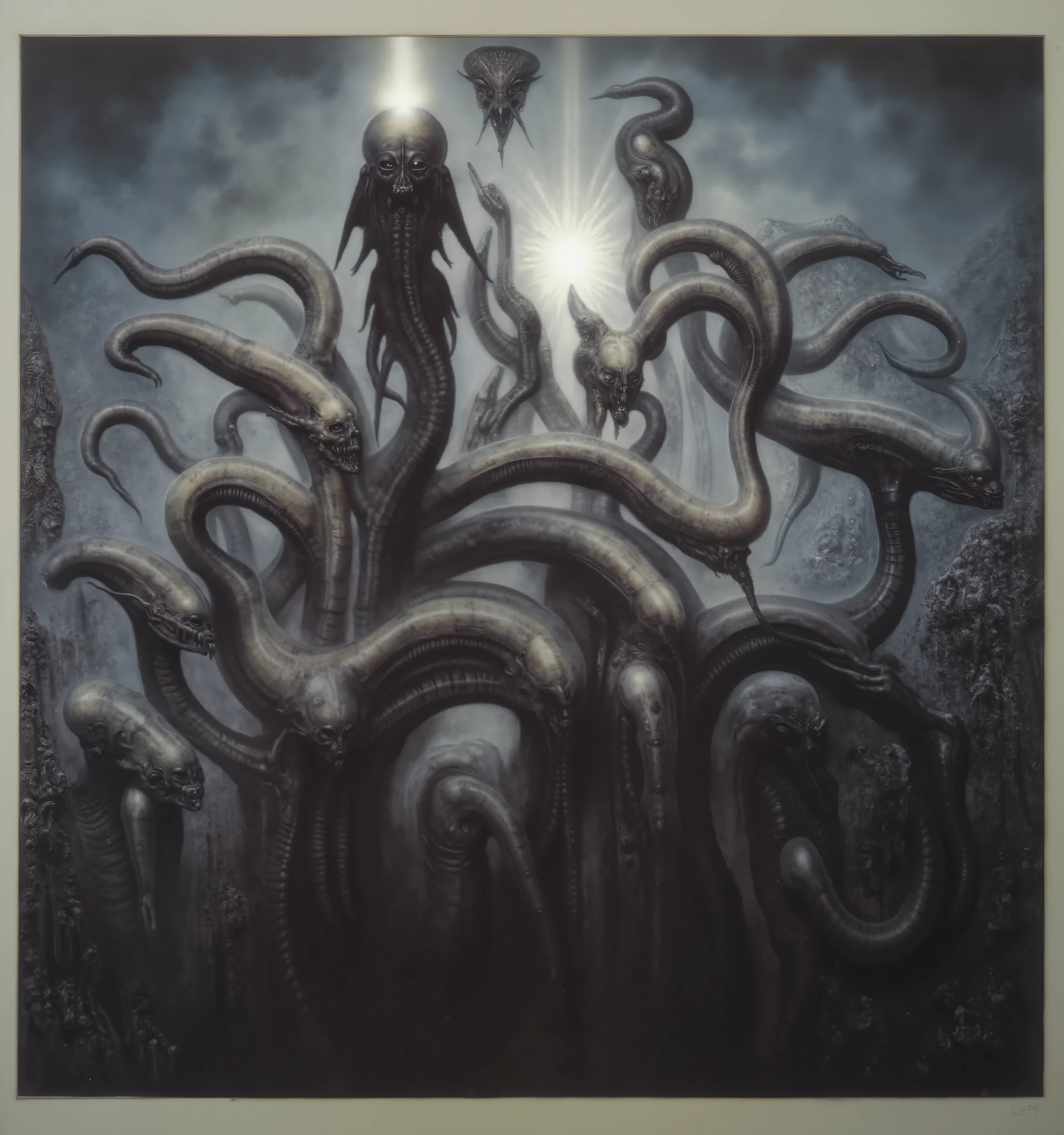 Please reproduce the original image as accurately as possible, capturing the intricate details of the biomechanical structures, the dramatic lighting, and the overall sense of unease. Find and enhance depiction of Giger's demons and creatures.(best quality:1.4). Use DARK BLACK COLORS.The final image should evoke the same sense of awe and dread as the original artwork by H.R. Giger,, (best quality:1.4), H.R. GIGER, BY GIGER, a mural depicting a antient dark god with dark powers connected to death and darkness, tendrils stretch from there fingertips, monsters lay at there feet, it is the mother of monsters, she feeds the monsters via tentacles on her fingertips, mother of all monsters, codex, her eyes shine, golden details, she feeds monsters, symmetrical, perfect, evil, darkness,