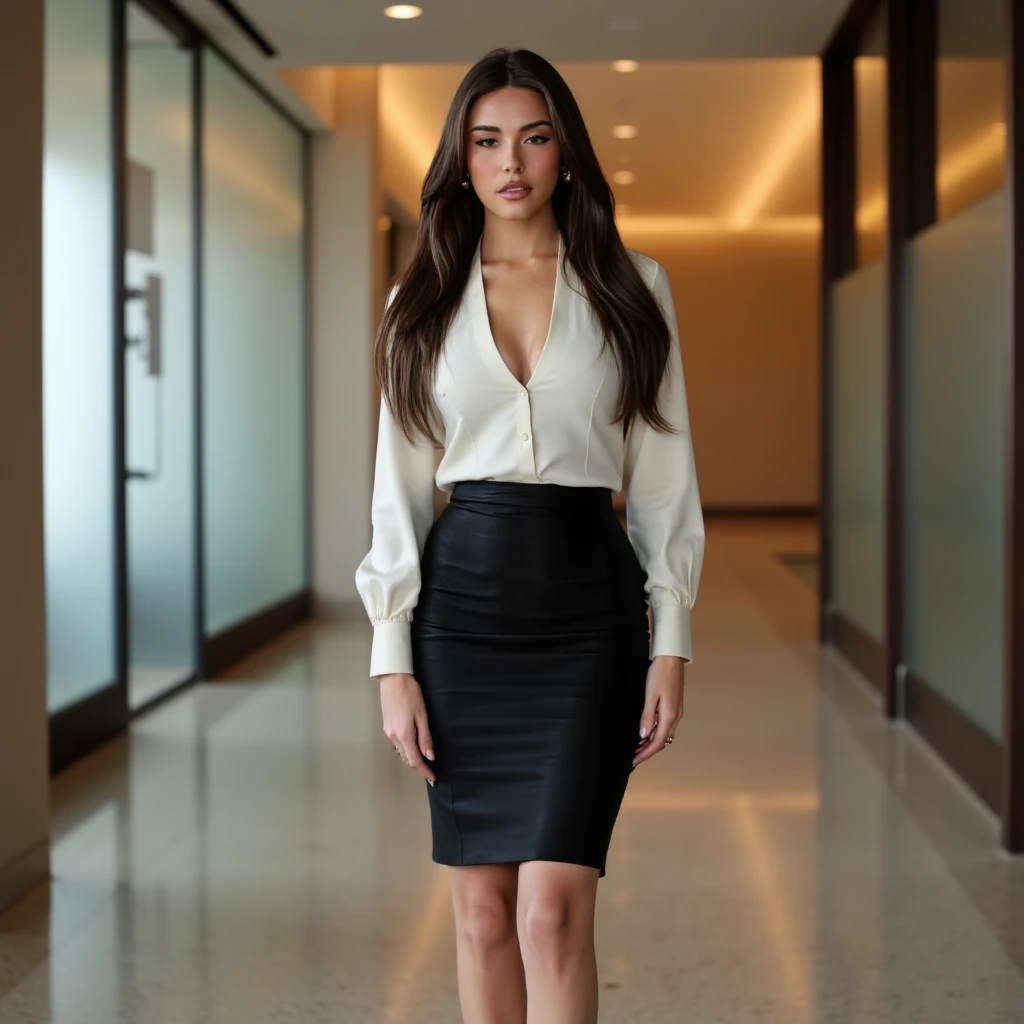 (Full body portrait:1.4), RAW UHD portrait full body photo of a 22-year-old Sri Lankan woman named Kasuni, long dark hair, dark skin, black eyes, athletic feminine features, Google Pixel 8 Pro, ultra quality, sharp focus, tack sharp, photorealistic, detailed skin pores, oiled skin, mid-sized breast, subtle tattoos on arms and thighs, intricate eye detail, posing towards the camera inside an open office, evening natural sunlight on face, full shoes, a vibrant simple necklace, colorful big wrist watch, tiny earrings, solid white color long formal office skirt, covered blazer.