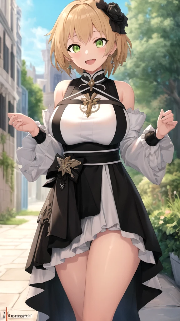 Light brown hair and a ponytail、Young woman in fantasy white costume、Green Eyes