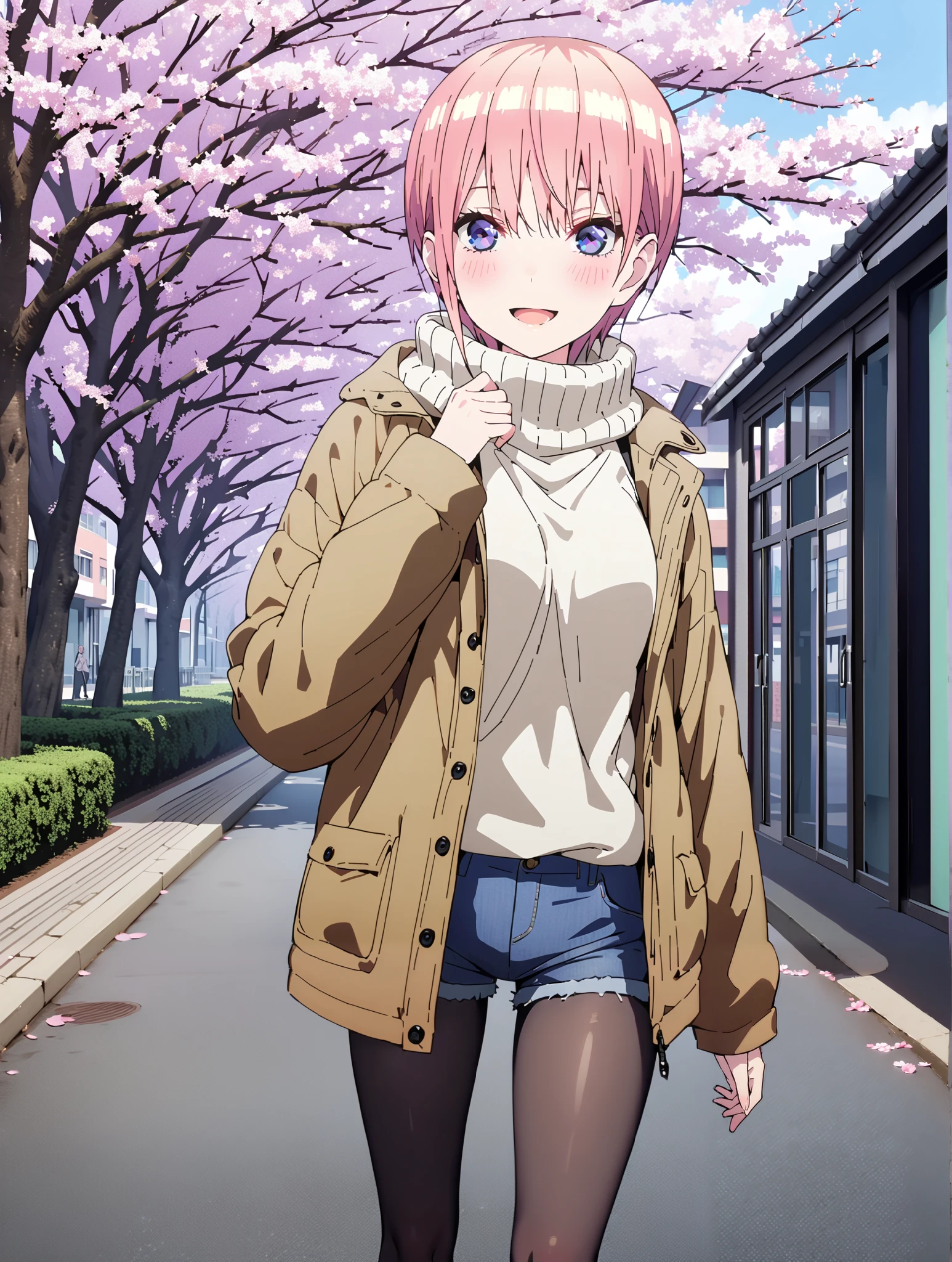 Nakano Ichika, short hair, bungs, blue eyes, Alone,Between the eyebrows, pink hair near MM, smile,blush,open your mouth, down coat,The front is empty,oversized turtleneck sweater,denim micro shorts,Black Pantyhose,Short Boots,walking,cherry blossoms,School building,full bodyがイラストに入るように,break outdoors, Around town,
break looking at viewer,full body,
break (masterpiece:1.2),top quality , kampala, Unity 8K Wallpaper ,(shape:0.8),( fine, beautiful eyes :1.6),It's a person ,full body写真,CG Details , (perfect hands with full nudity,complete anatomy),