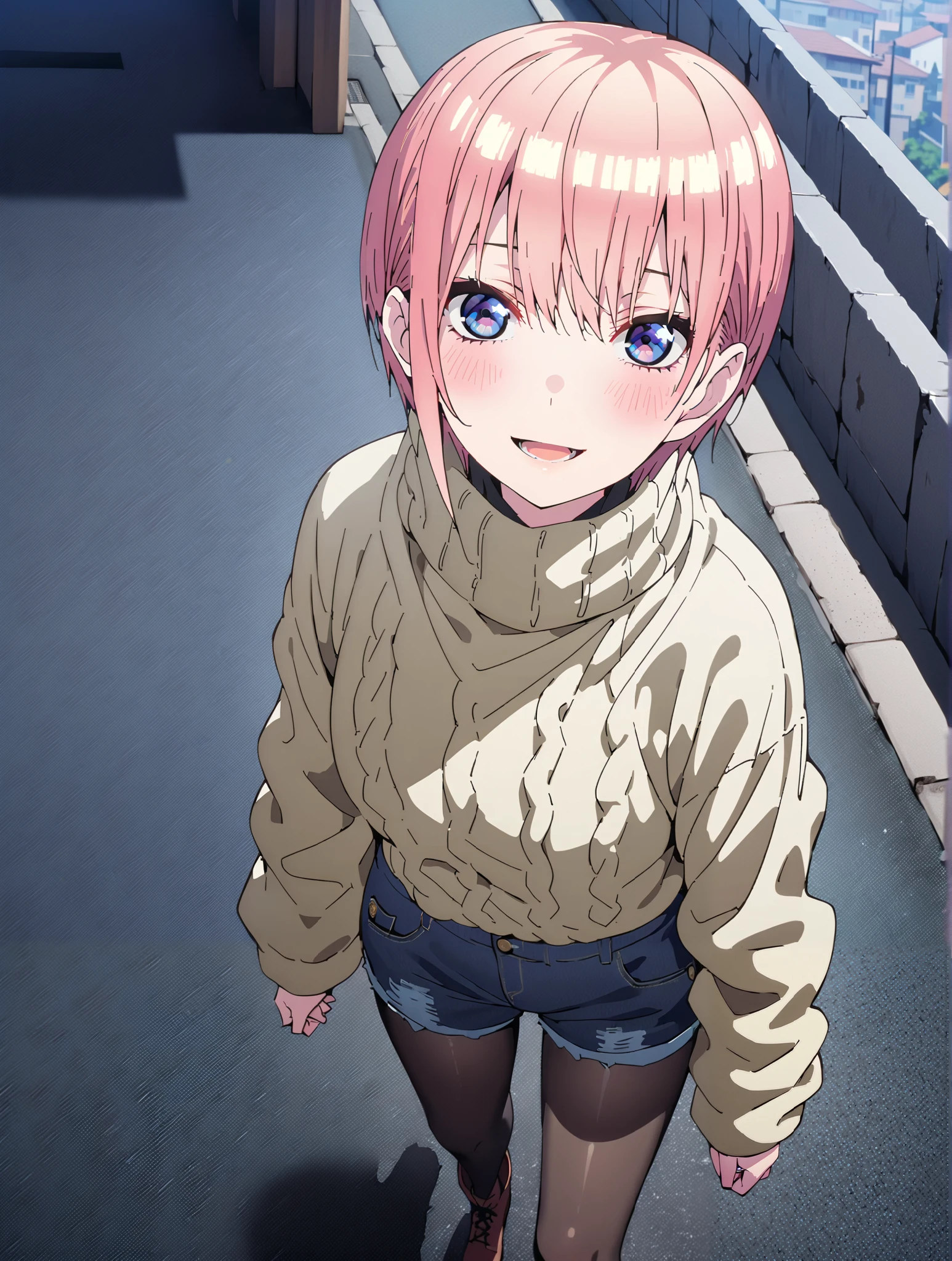 Nakano Ichika, short hair, bungs, blue eyes, Alone,Between the eyebrows, pink hair near MM, smile,blush,open your mouth, down coat,The front is empty,oversized turtleneck sweater,denim micro shorts,Black Pantyhose,Short Boots,walking,cherry blossoms,School building,full bodyがイラストに入るように,break outdoors, Around town,
break looking at viewer,full body,
break (masterpiece:1.2),top quality , kampala, Unity 8K Wallpaper ,(shape:0.8),( fine, beautiful eyes :1.6),It's a person ,full body写真,CG Details , (perfect hands with full nudity,complete anatomy),