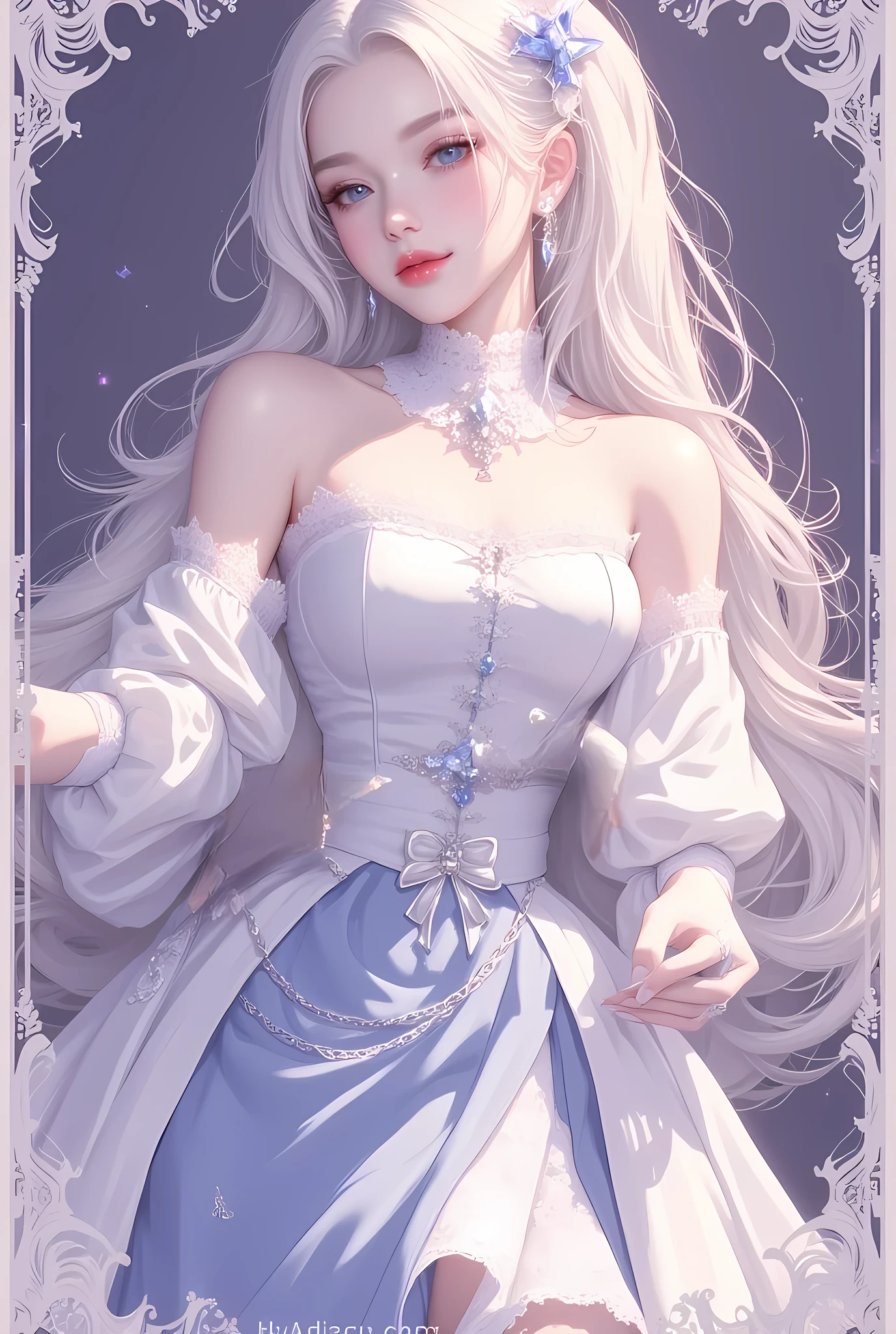 1girl, white hair, white dress, blue eyes, opulent dress, princess, fan, marble hall