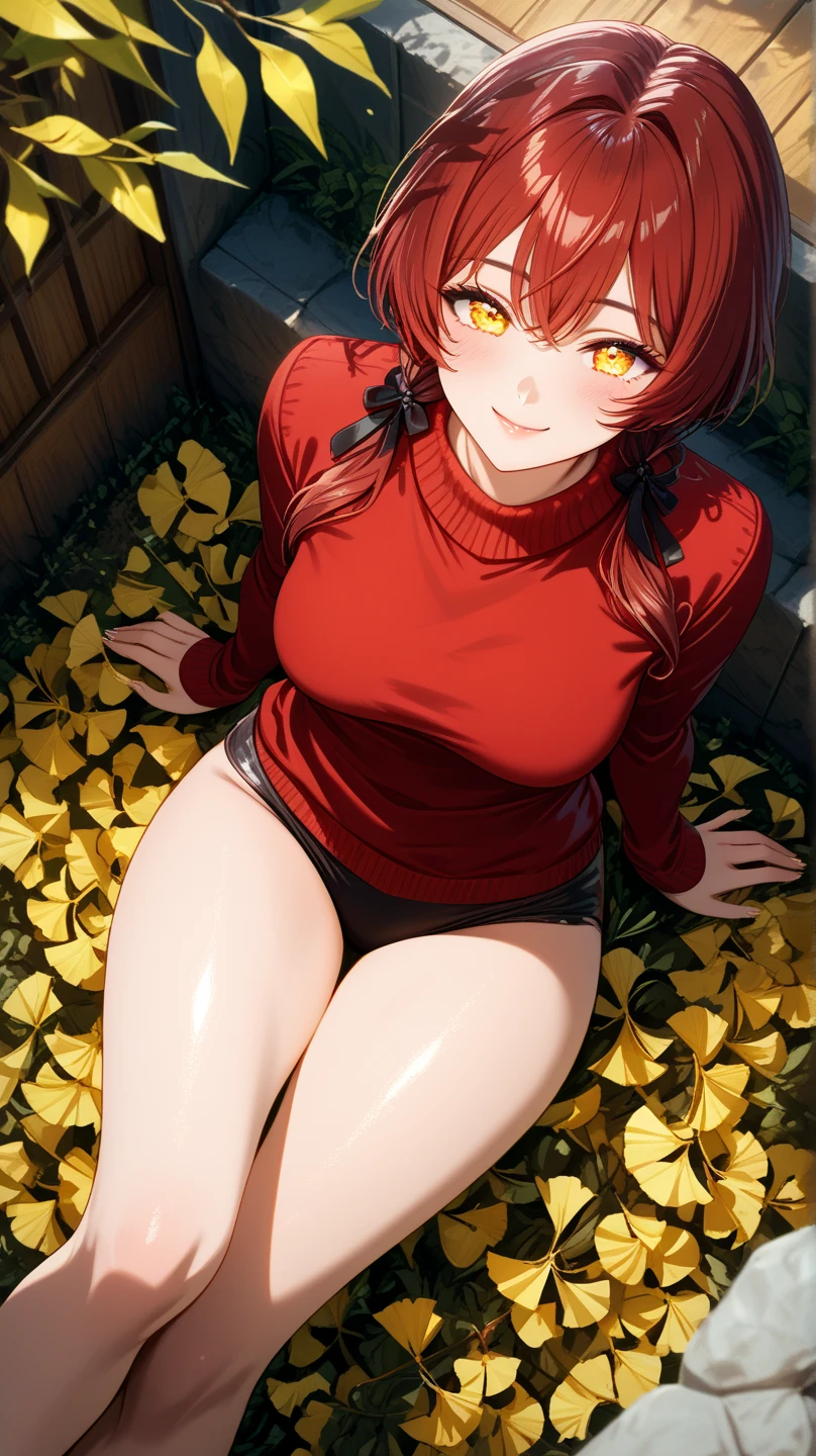 (masterpiece, Best quality:1.2), One, 1 girl, Red hair, yellow eyes, black dress, Широкие Hips, very detailed beautiful face and eyes, beautiful skin, wet, ruddy, Perfect anatomical smile, Bright sunlight, Hips, широкие Hips, is sitting, Spreading your legs, Атлетические Hips, erotica, shiver, whole body, lush, пухленькая, perfect body, big breasts, sweat, orgasm