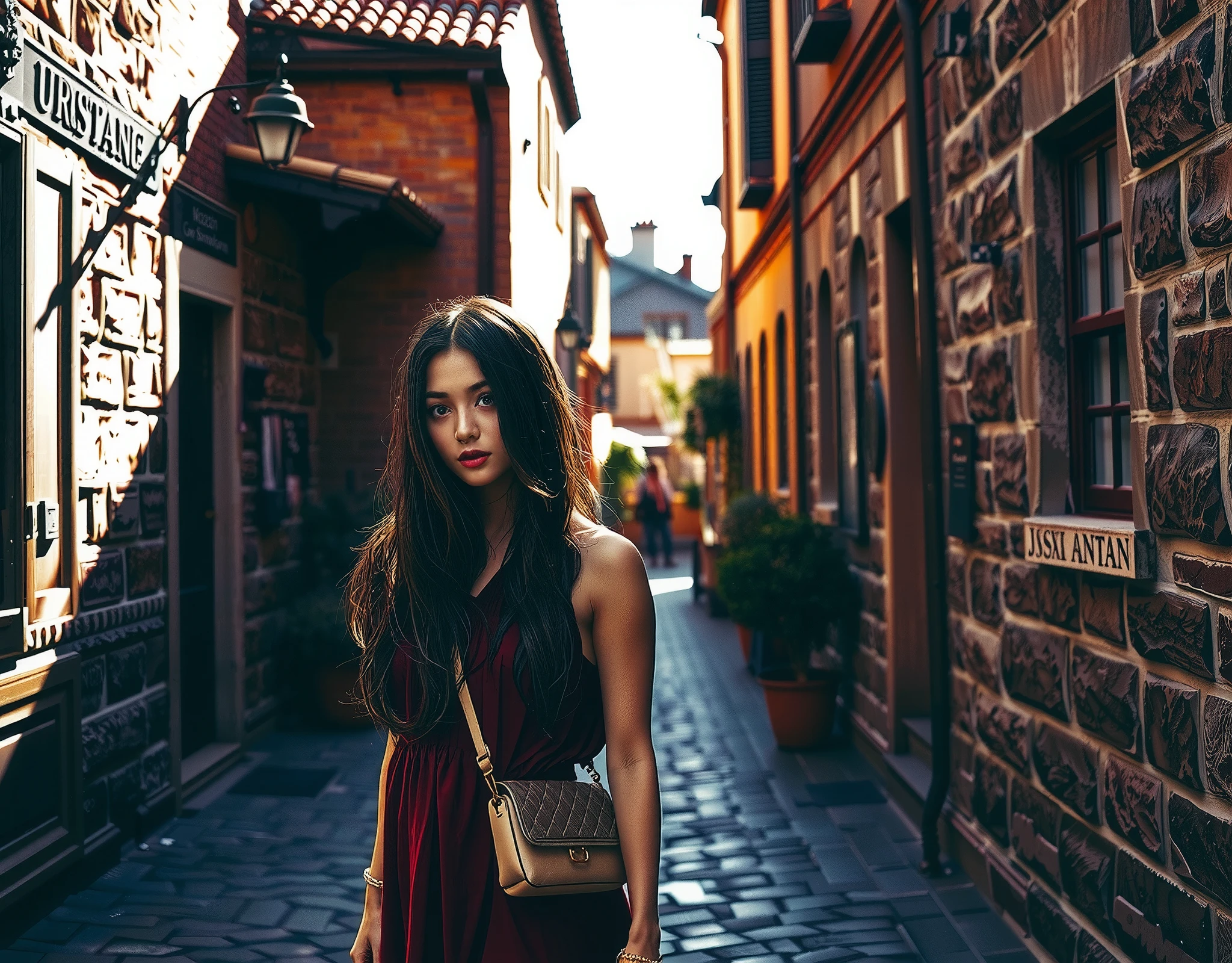 Professional photographic shot of a beautiful woman, she has long, flowing black hair and wears a loose summer dress in a deep wine color, with a small crossbody bag hanging at her side. She is walking down a narrow cobblestone street in an old historic district, surrounded by stone buildings with simple windows. The scene is dramatically lit by strong sunlight streaming in from an opening between the buildings, casting bold contrasts of light and shadow. Warm, earthy tones dominate the color palette — beige, brown, and gray, with a subtle touch of green from distant vegetation. The photo is taken from a slightly low angle, emphasizing the depth of the street and guiding the viewer's eye towards the distant background. High contrast lighting highlights the textures of the stone walls and the cobblestones, with a focus on natural light and shadow play. The woman’s figure is elegantly positioned according to the rule of thirds, adding balance to the composition. The atmosphere is both nostalgic and serene, blending realism with artistic flair."