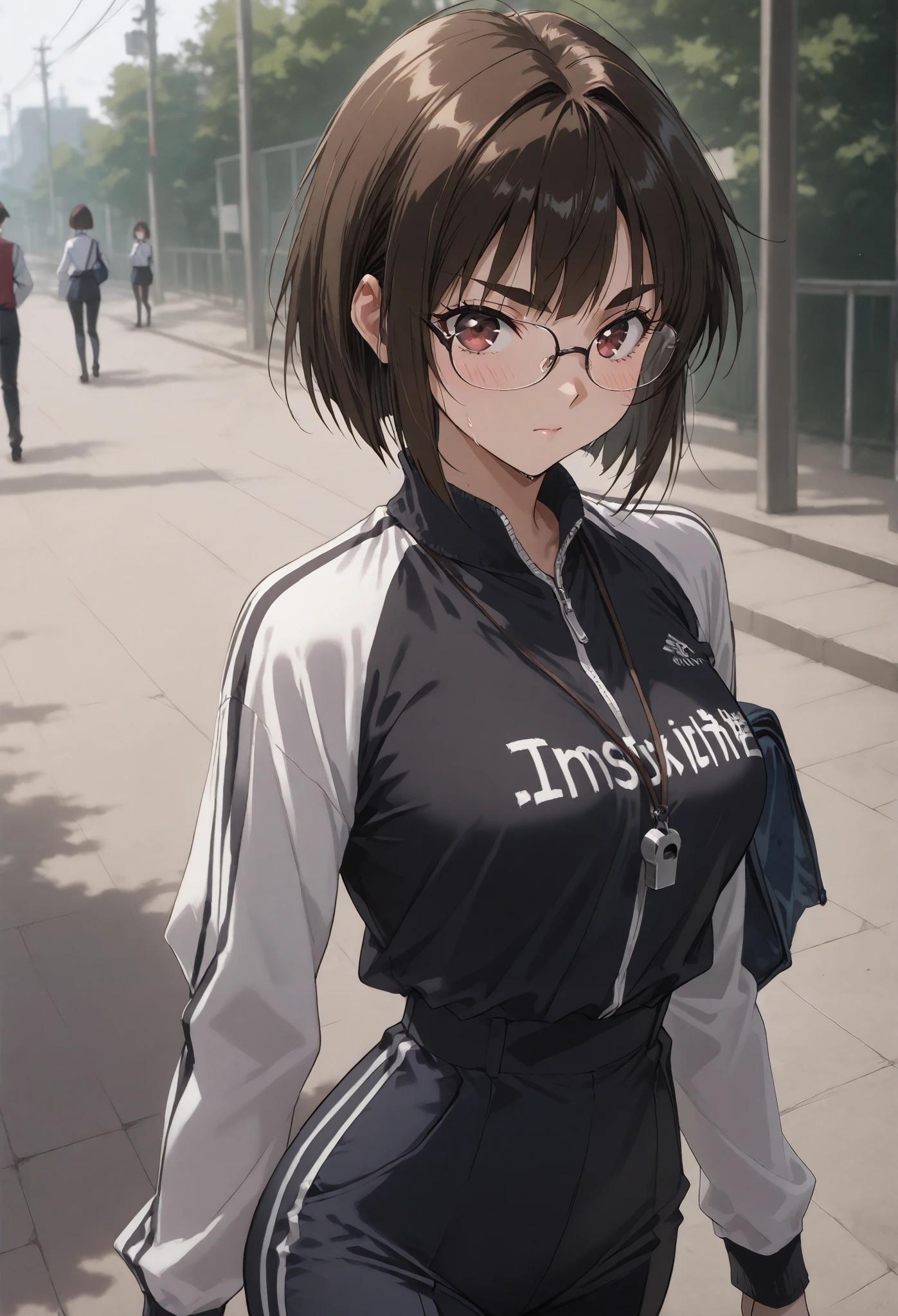 glasses、School teacher、(Thick eyebrows、thick eyebrows)、long sleeve long pants、Jersey top and bottom、、 ( short bob style)、、、 Female Teacher、Outdoors、 to sit、beautiful 、、very small breasts、、masterpiece、best quality, , stockings, , Steamy sweat, , Narrow eyes、 motion line, Speedline , school yard、 blow the whistle
