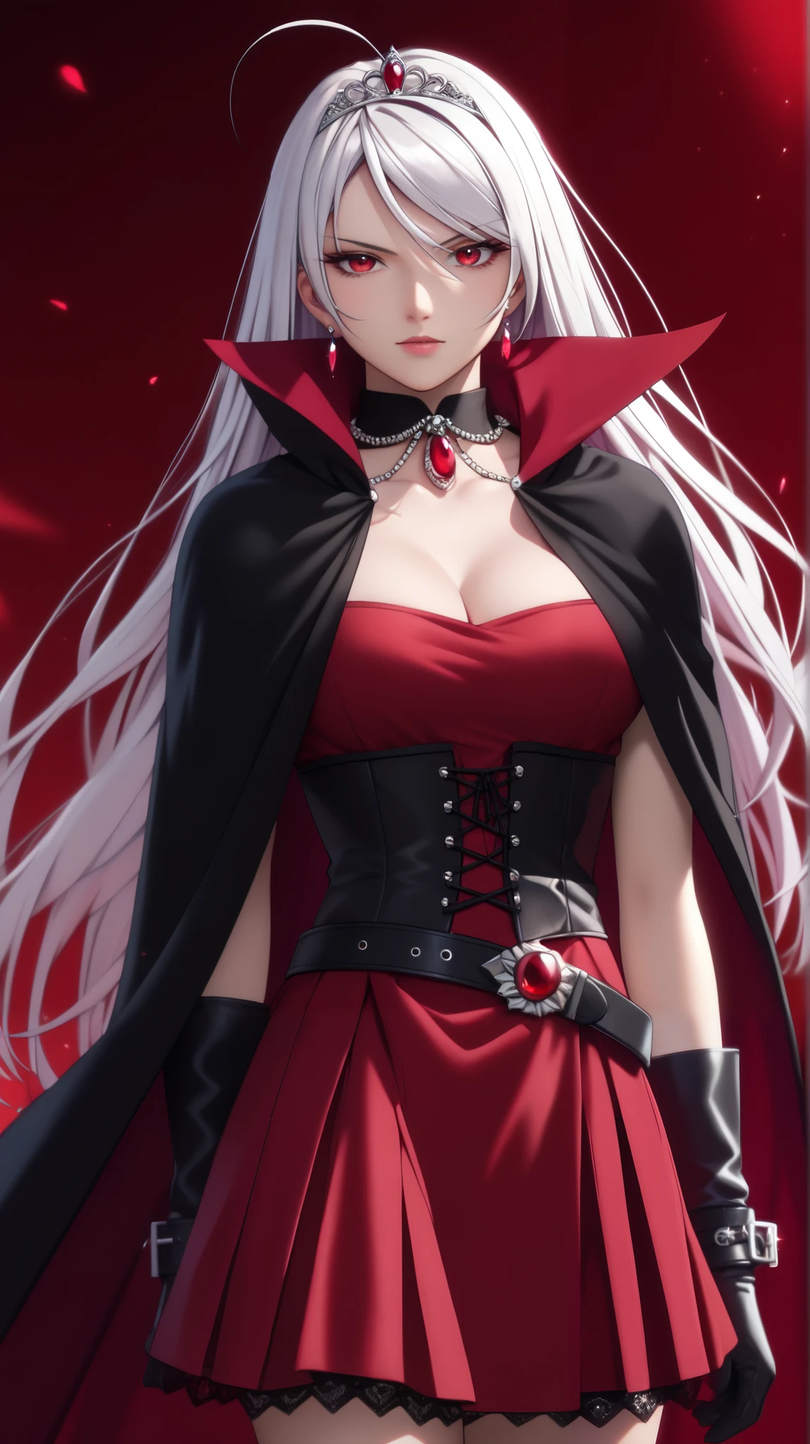 vampire moka akashiya, long hair, red eyes, ahoge, white hair, large breasts, (short ruby dress with a layered tulle skirt:1.3),(black corset-style belt with ruby gem accents,adding an edge to the outfit:1.2),(short black cape with ruby-colored lining:1.1),black lace-up boots,(black gloves with ruby detailing along the cuffs:1.1),(ruby tiara with a magical glow:1.1)