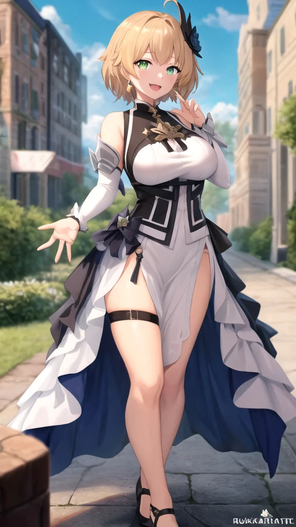 White hair , short hair, pinched eyes, (big-:1.5) , Thin legs, thin body, leather collar, Maid outfit victorian, dynamic pose, full body, View from below, wide hips, Kneeling